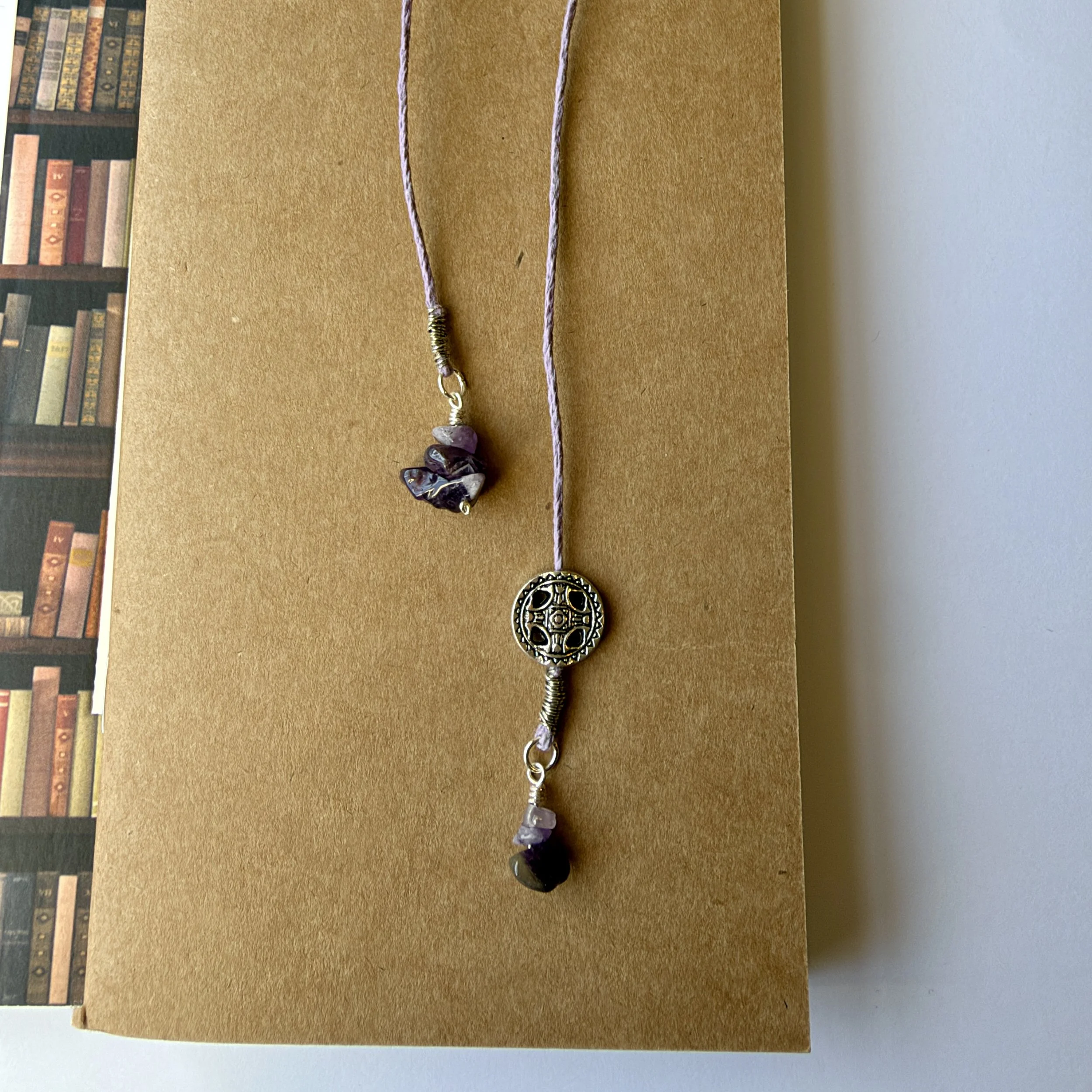 Lavender hemp cord and amethyst bookmark with silver accents