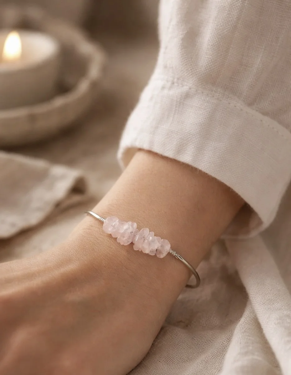 Delicate rose quartz silver bangle