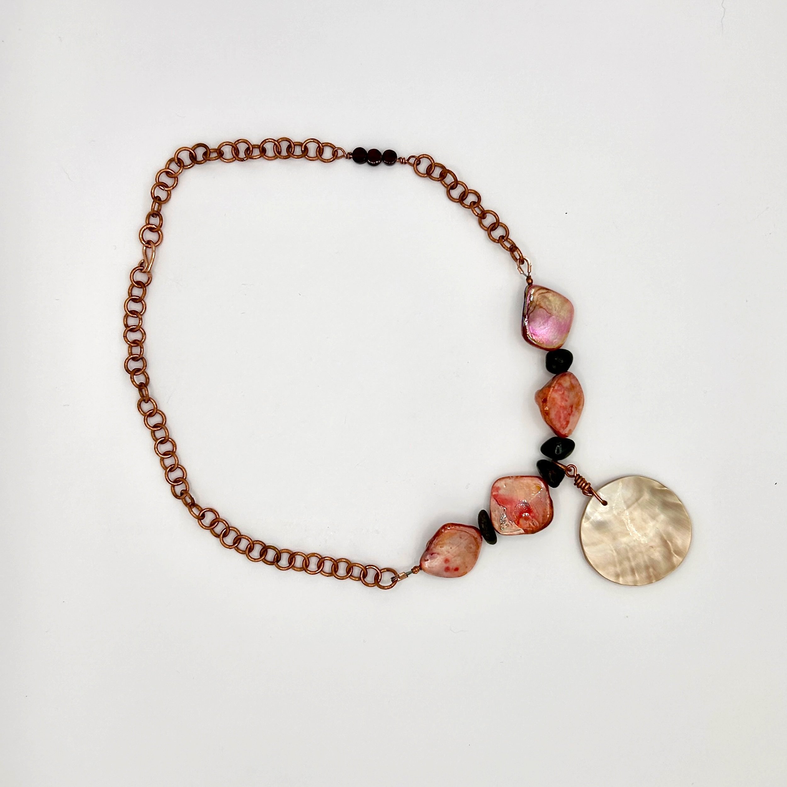 Maggie Mother of Pearl Pendant and Strawberry Mother of Pearl Beads Necklace on Copper Metal Link Chain with optional side beads on white background
