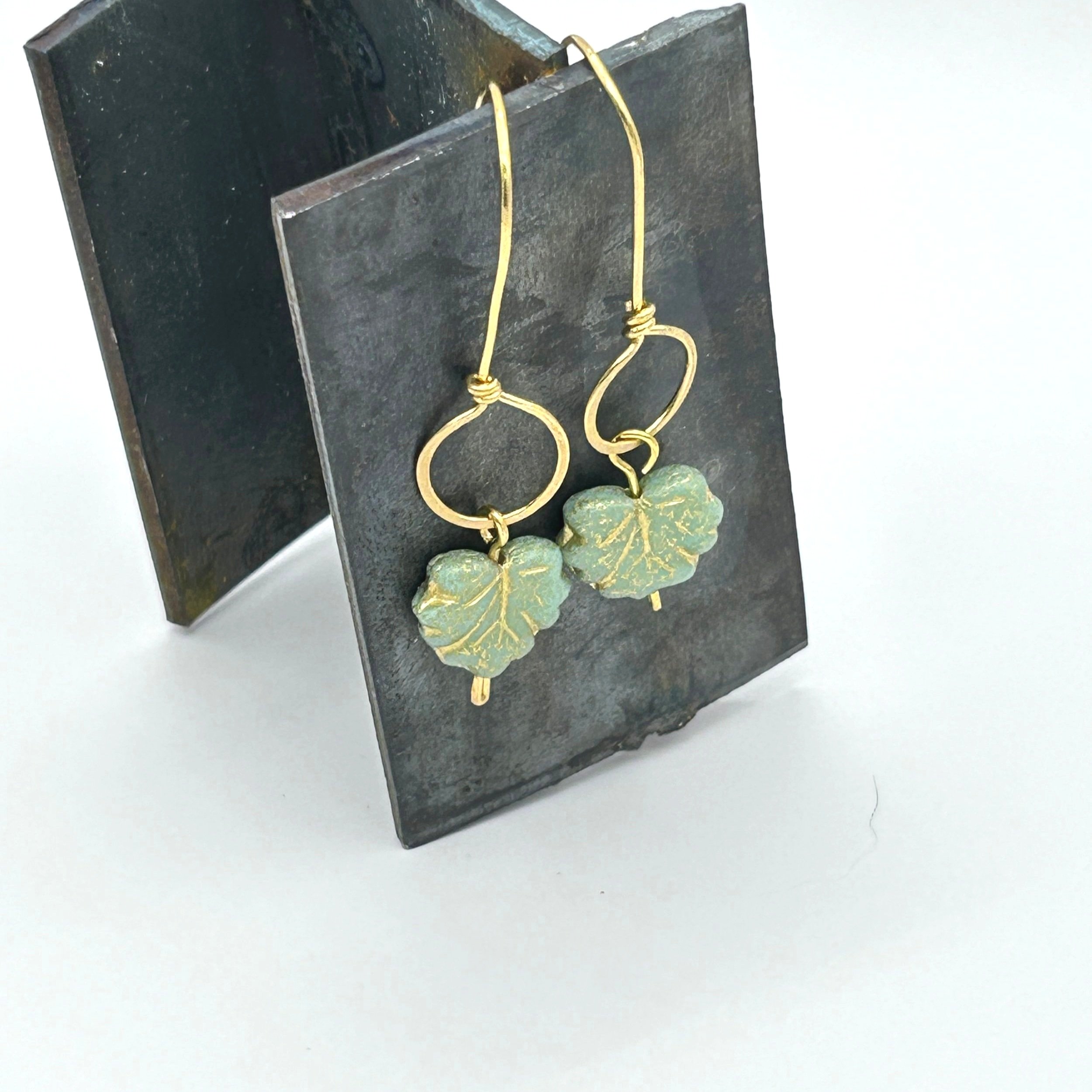 Sea Green Maple Leaf Czech Glass with Gold Veining and Jeweler's Brass Metal Long Drop Earrings on welded metal
