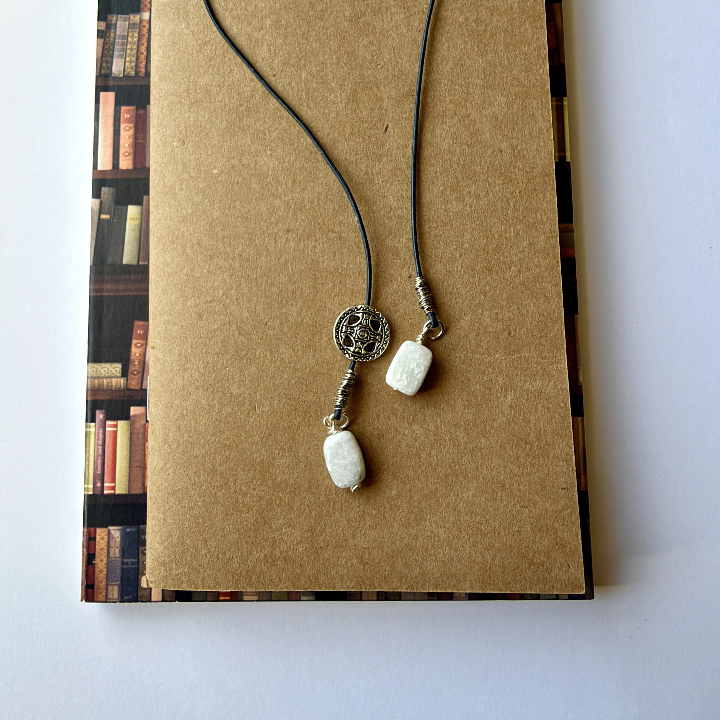 Charcoal navy leather cord and gray amazonite bookmark with silver accents