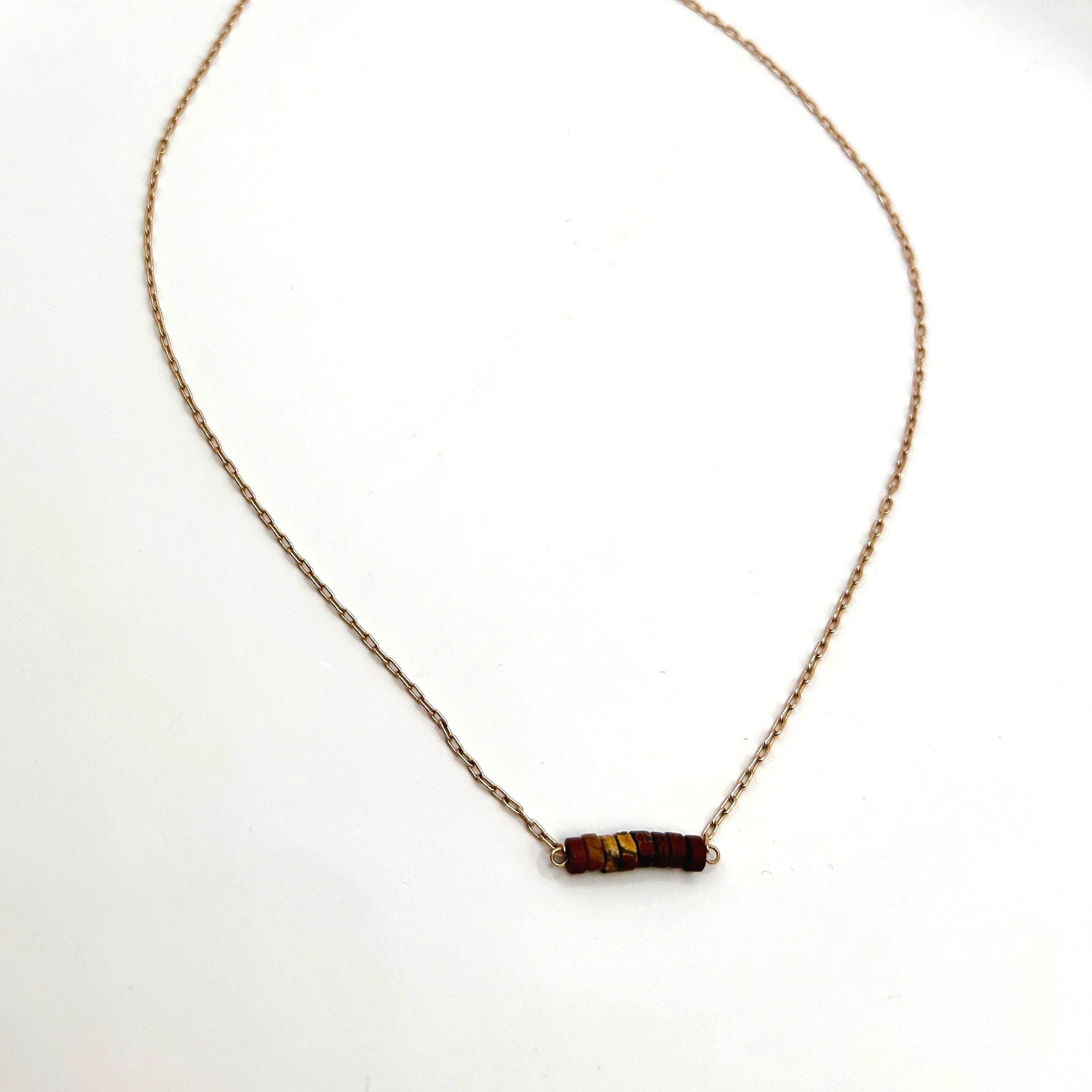 Red Jasper Bead Bar Necklace with Rose Gold Plated petite chain on white background
