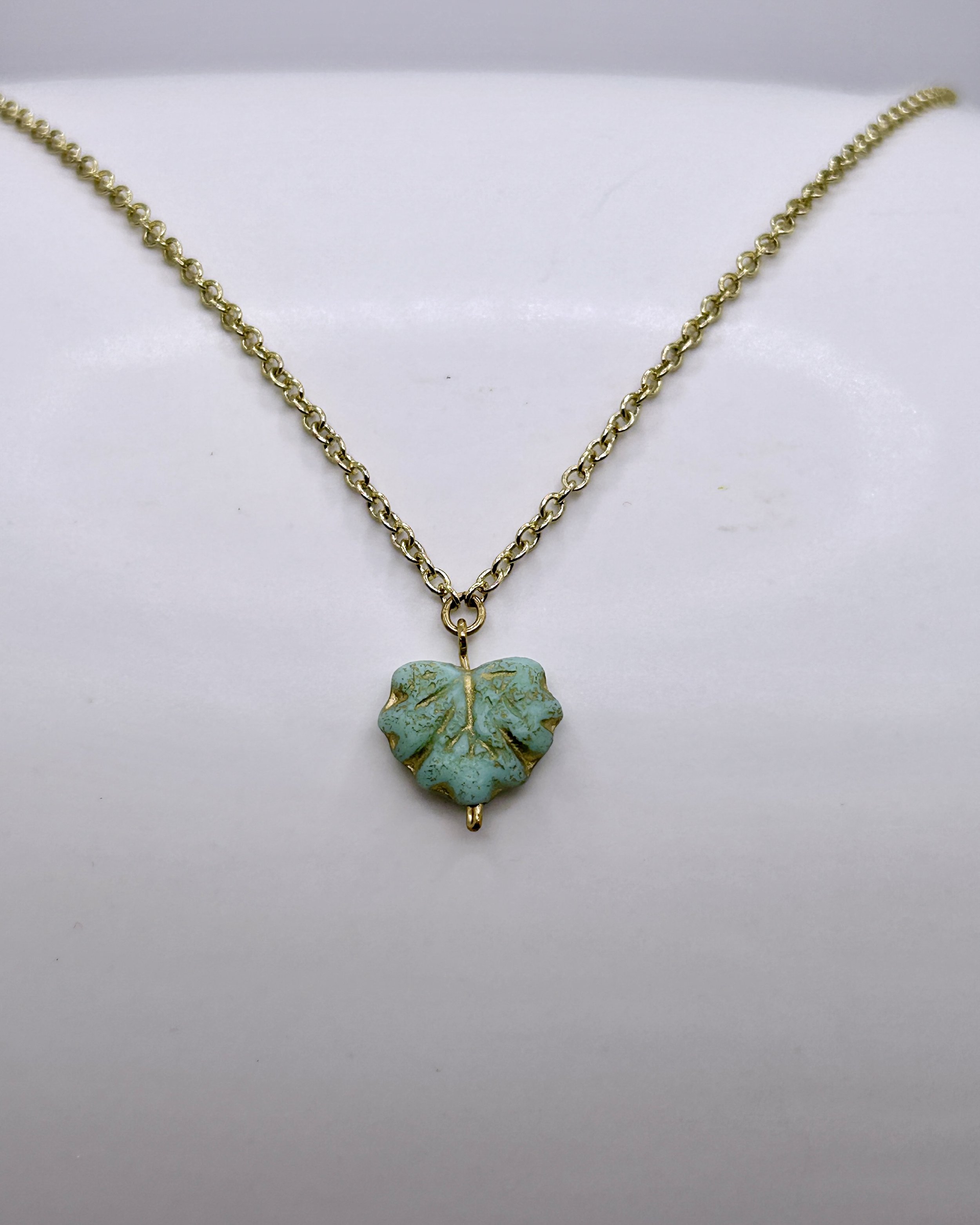Sea Green Czech Glass Maple Leaf with Gold Etching Drop Necklace on petite Rose Gold Plated Chain on white background