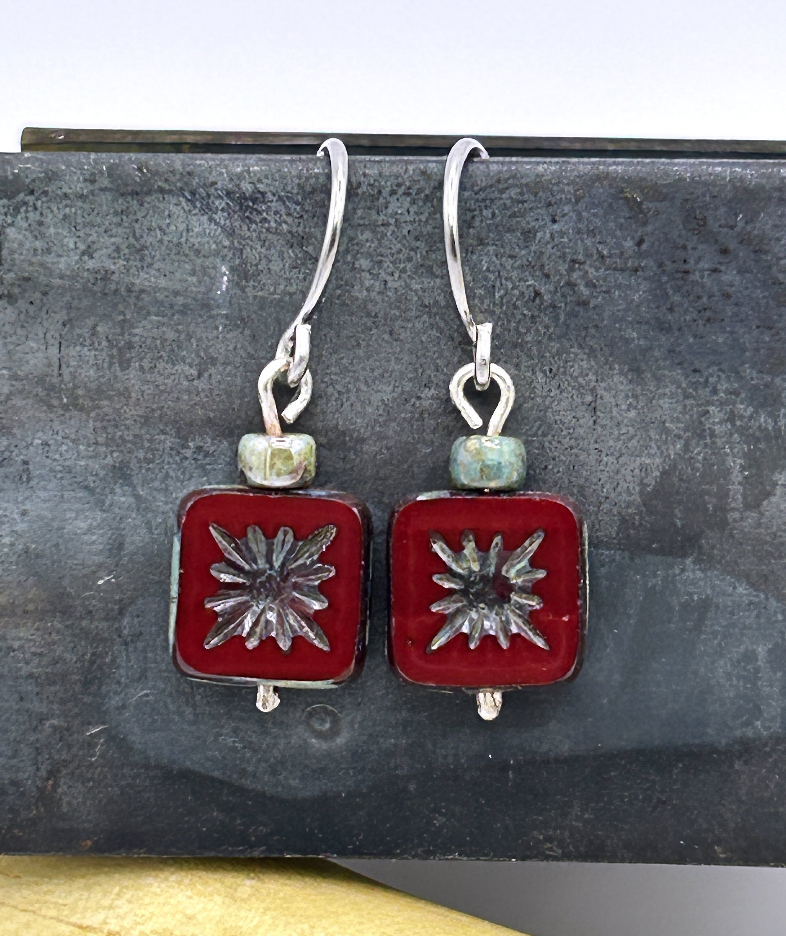 North Star Deep Red and Silver Sunburst Czech Glass Square Drop Earrings with Stainless Steel french ear wires on welded metal