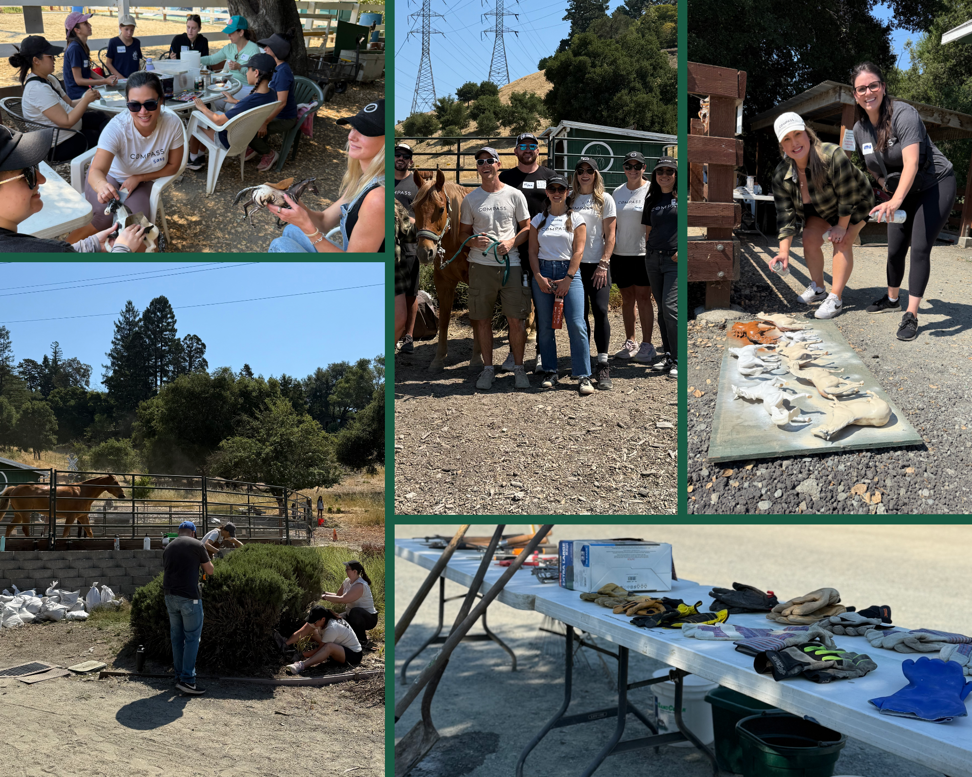 Photo collage of corporate teams doing various volunteer activities at Xenophon Therapeutic Riding Center