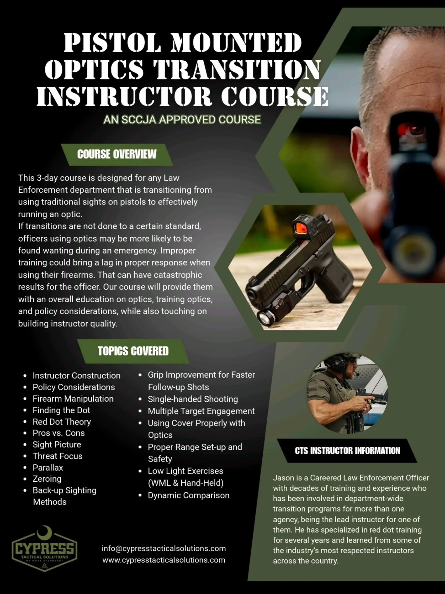 Pistol Optic Transition Instructor Course - LEO/MIL - April 14-16 @livefiretrainingacademy - Hosted by the Summerville Police Department - SCCJA Approved: Optics on pistols are being utilized by law enforcement officers across the country due to the 
