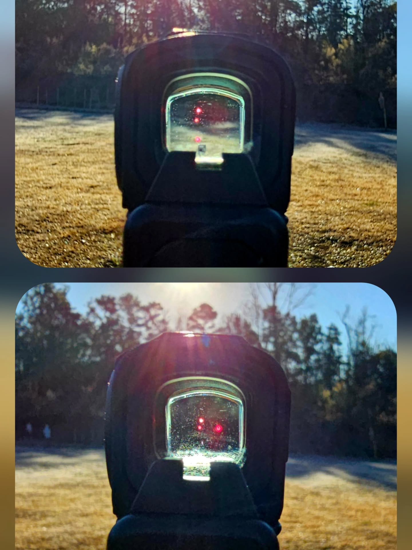 Optics info. A good to know tidbit. False dots are real. And if you hear anyone instructing say that they can't happen with an enclosed emitter, let them know their information is incorrect. When light (not just sunlight, but definitely sunlight) is 