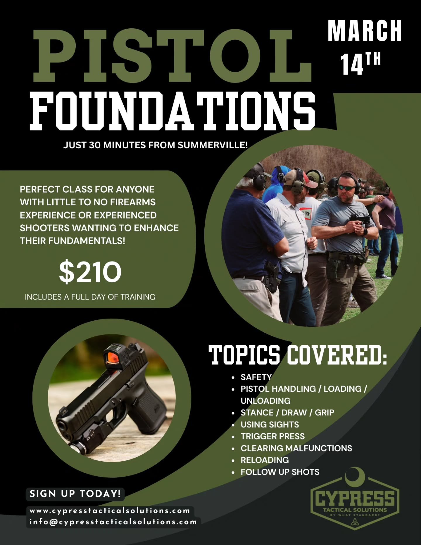 Our Pistol Foundations class "The Jasper" is coming up next. March 14th is the date and spots in the class are already being filled. This is our most requested class. It's great for anyone wanting to learn or improve in their fundamentals. 