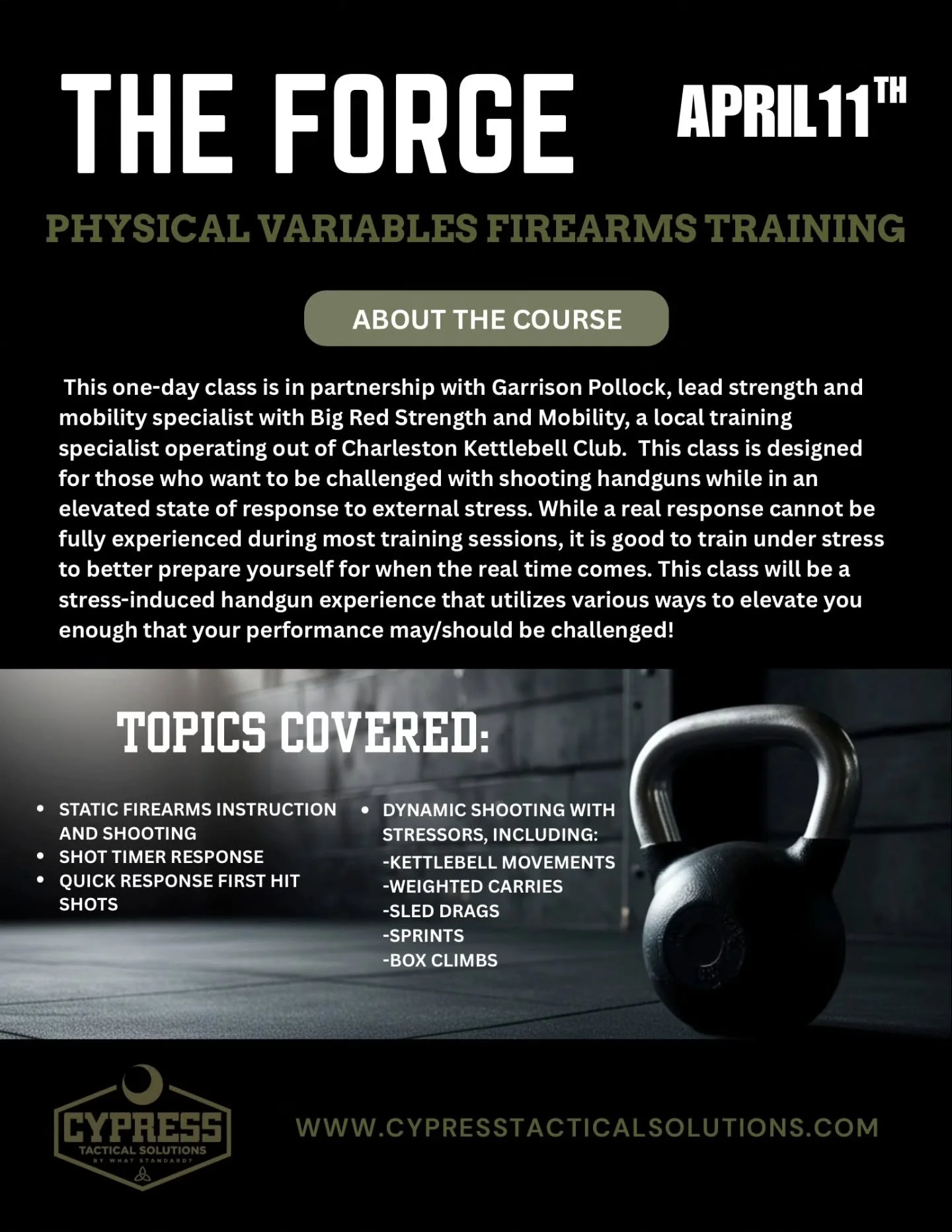 How well can you perform with added variables? How often do you train firearms with an elevated heart rate? How often can you put these together for good training with great people? This is your chance. Get your spot. April 11th, just 30 minutes from