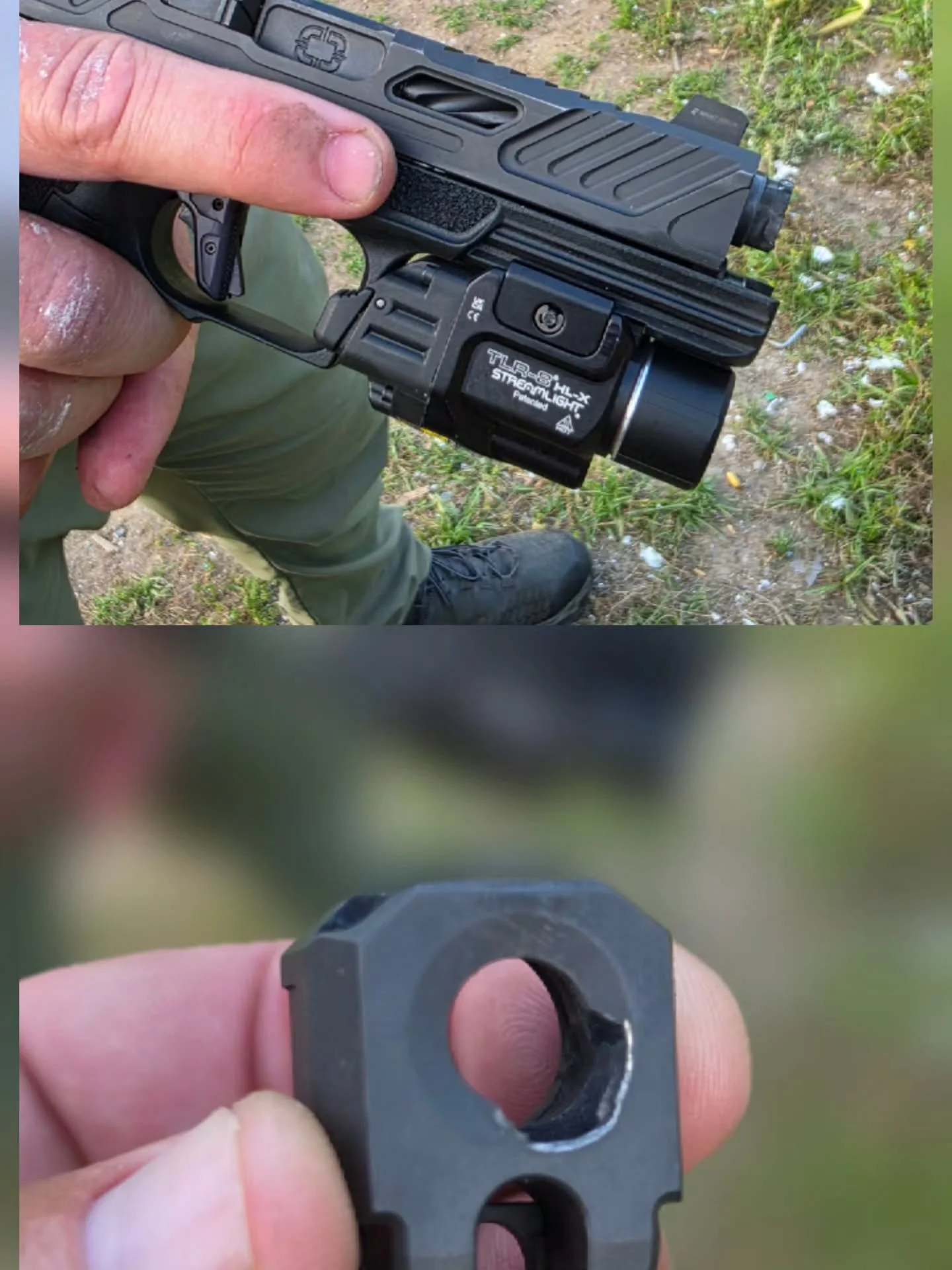 Yikes! During a recent class, this comp on an atendee's firearm was struck by a round 😬. It was located with the clamped side completely closed but had blown off. Shadow Systems has asked for everything to be shipped to them and I have no doubt they