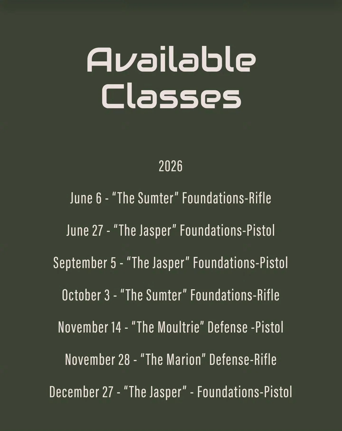 Second half of the year for open classes is now posted! For those wanting to build their foundations and improve performance check out the Pistol and Rifle Foundations classes. For those who want to take the next step into defensive response, check o