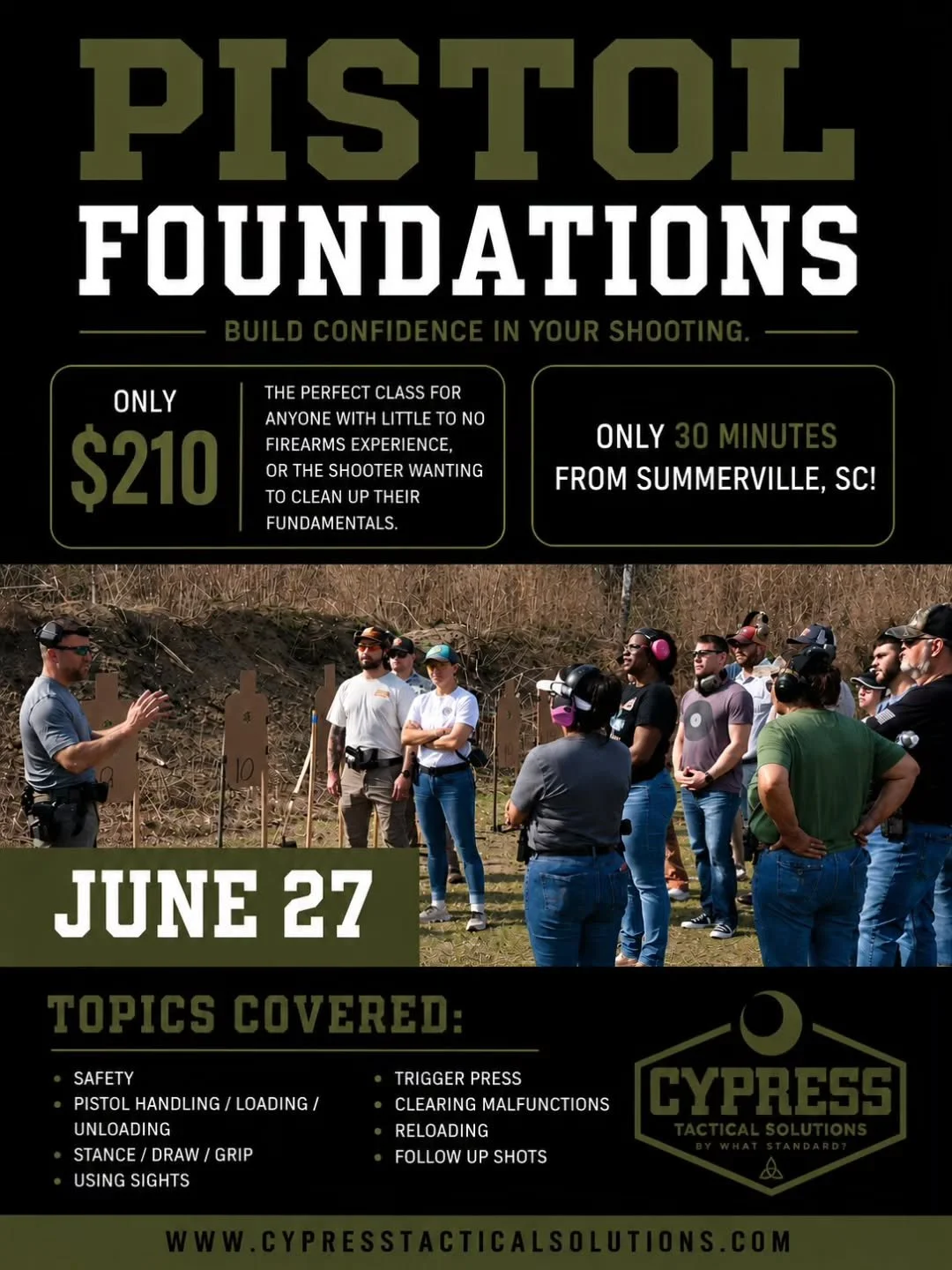Our most requested class is coming up again. Grab your spot now for "The Jasper" Pistol Foundations class. It'll be at Live Fire Training Academy just 30 minutes from Summerville SC on June 27th!  This class has had people with almost no ex