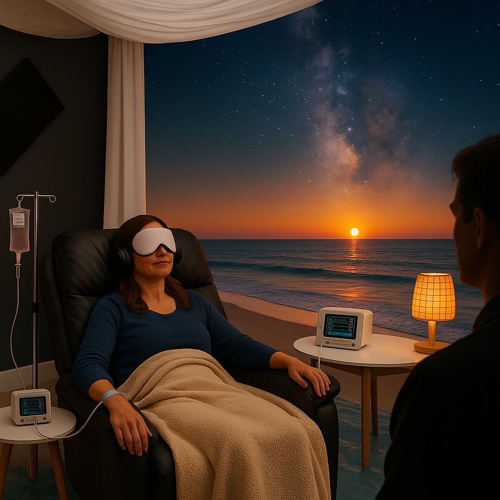 A man relaxing on a beach chair at the beach with eyes covered by a sleep mask, wearing headphones, while a person in a black shirt speaks to him.