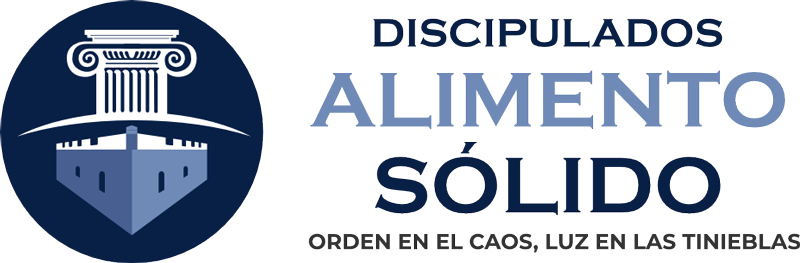 Logotipo de Discipulados Alimento Sólido con un escudo azul que tiene un templo y un barco, y el texto en letras grandes y medianas que dice "Discipulados Alimento Sólido" y en menor tamaño "Orden en el caos, luz en las tinieblas".