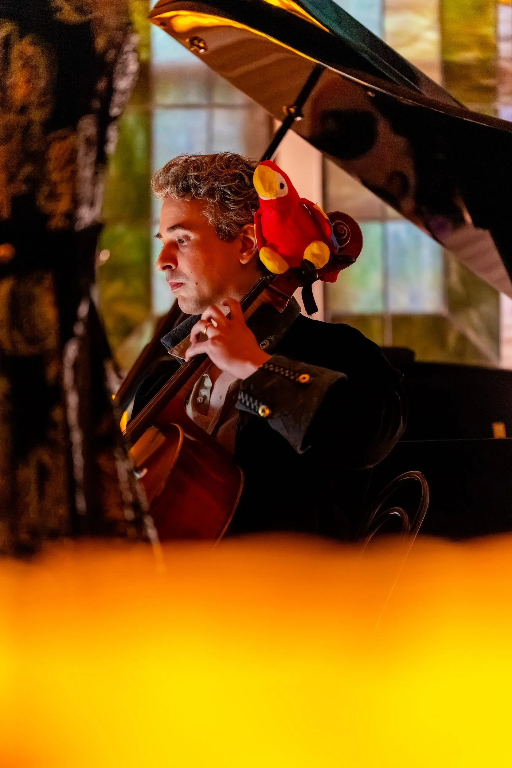 Cellist with the toy parrot behind the piano lid, candles glowing in front