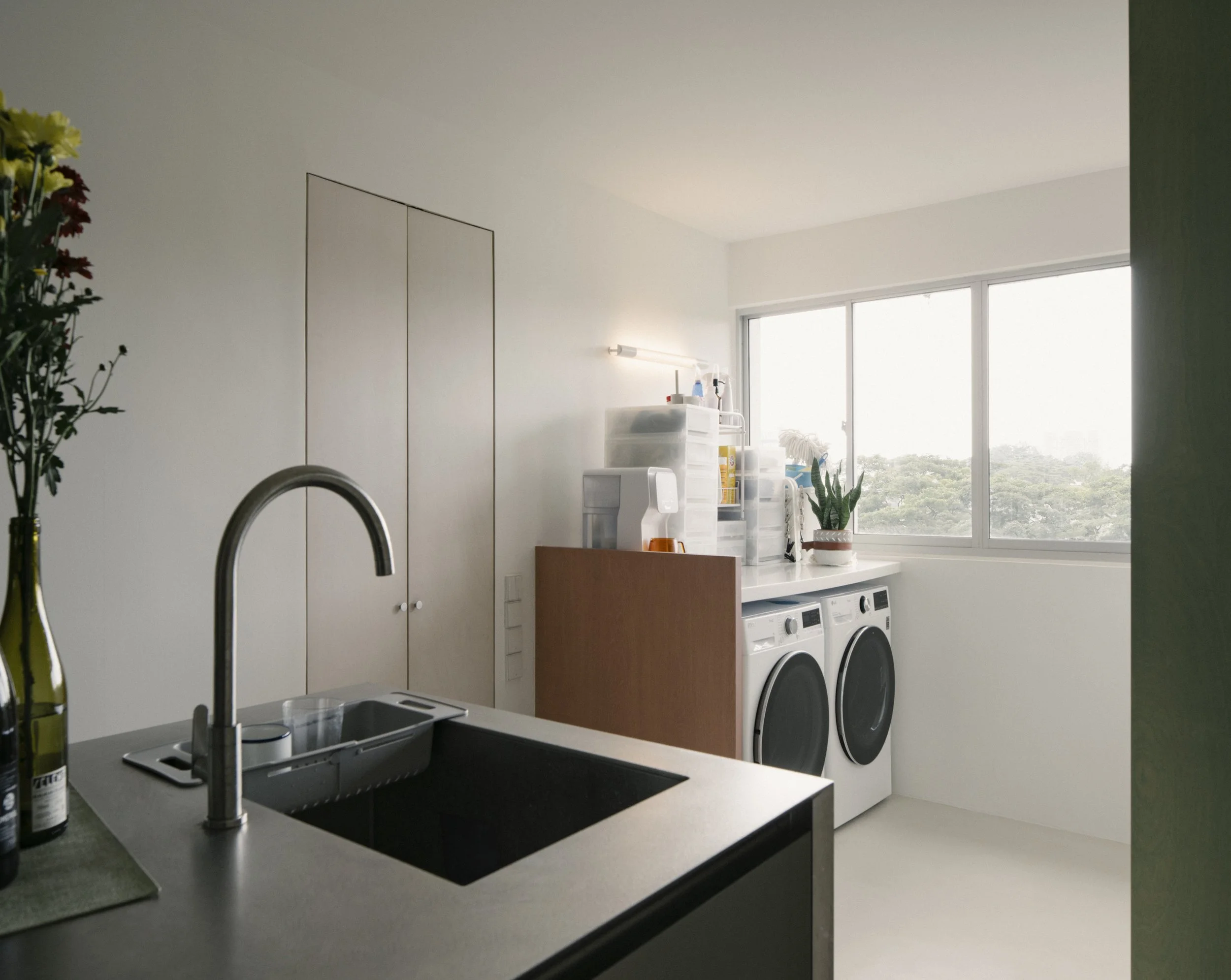 Modern laundry room with a washing machine and dryer, a countertop with plants, and large window letting in natural light.
