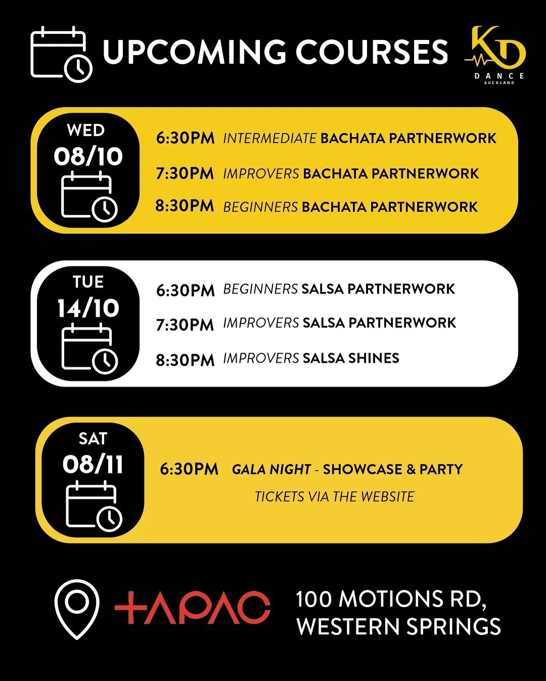 Don&rsquo;t miss our final term of courses for the year! This will be your last chance to learn to dance with us for 2025!

❤️&zwj;🔥 Bachata - Starting Wed 08/10
- 6:30pm Intermediate
- 7:30pm Improvers
- 8:30pm Beginners

💃🏼 Salsa - Starting Tue 