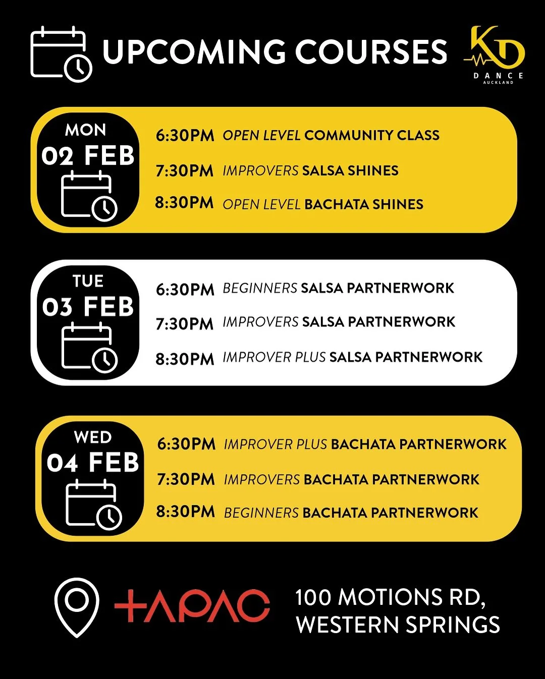 Check out our 2026 timetable and upcoming courses! With nine classes over two styles, three levels and three teachers 🤩

We&rsquo;ve been busy getting everything ready online, our website and courses are now up to date and ready for bookings!

More 