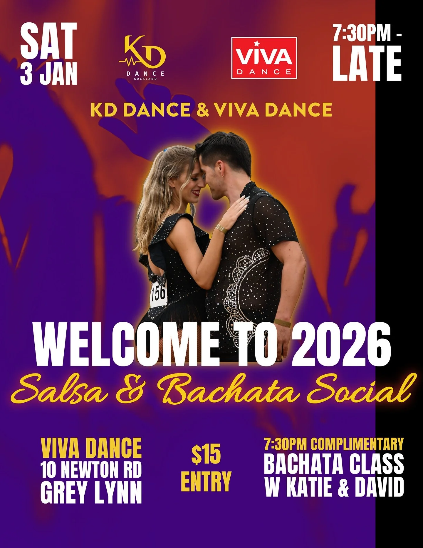 Welcome 2026 Salsa &amp; Bachata social this Saturday 03/01! 🪩

When we realised there were no socials this Saturday, we quickly teamed up w @vivadancestudios so we can start 2026 with a boogie! 💃🏼

Katie and David will be heating up the dance flo