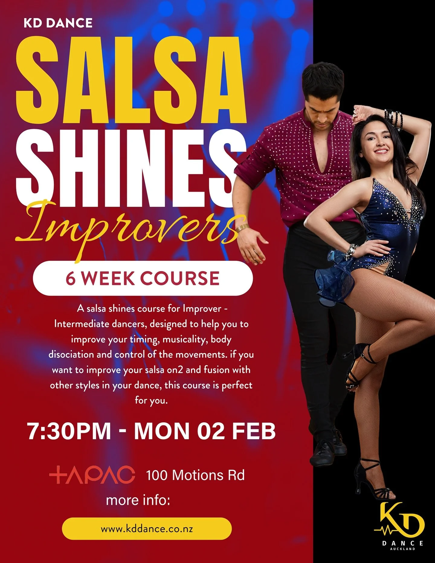 Want to know more about our upcoming courses? 

We&rsquo;ve got partnerwork and shines courses for both salsa and bachata from beginner to improver plus levels. Still got questions? DM us 💃🏼

Head to www.kddance.co.nz to book online.

#salsa #bacha