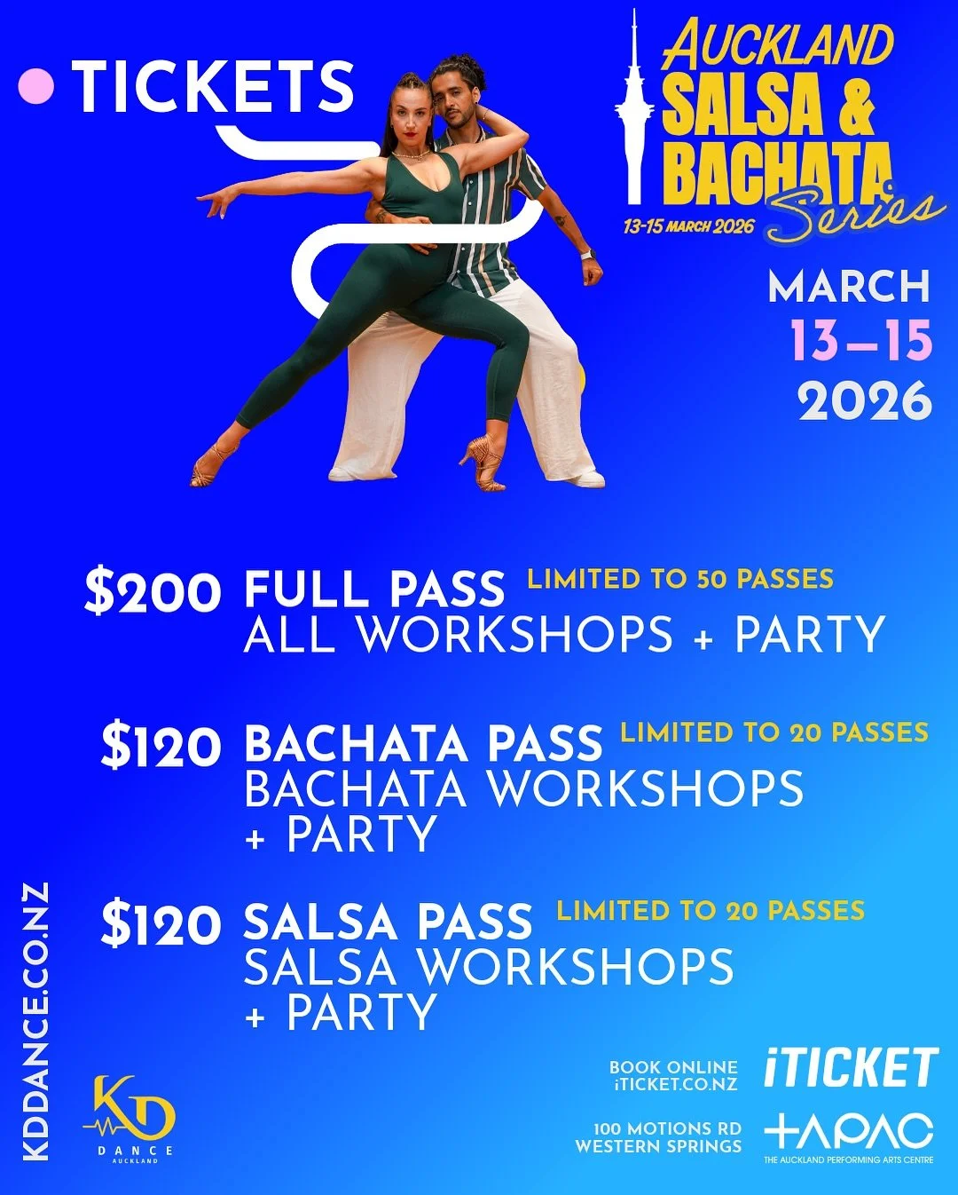 First release tickets are here 🎟️ 

FULL PASS - $200
- All workshops + Party

BACHATA PASS - $120
- Bachata workshops + Party
- Limited to 20 passes

SALSA PASS - $120
- Salsa workshops + Party
- Limited to 20 passes

Tickets available from iTicket 