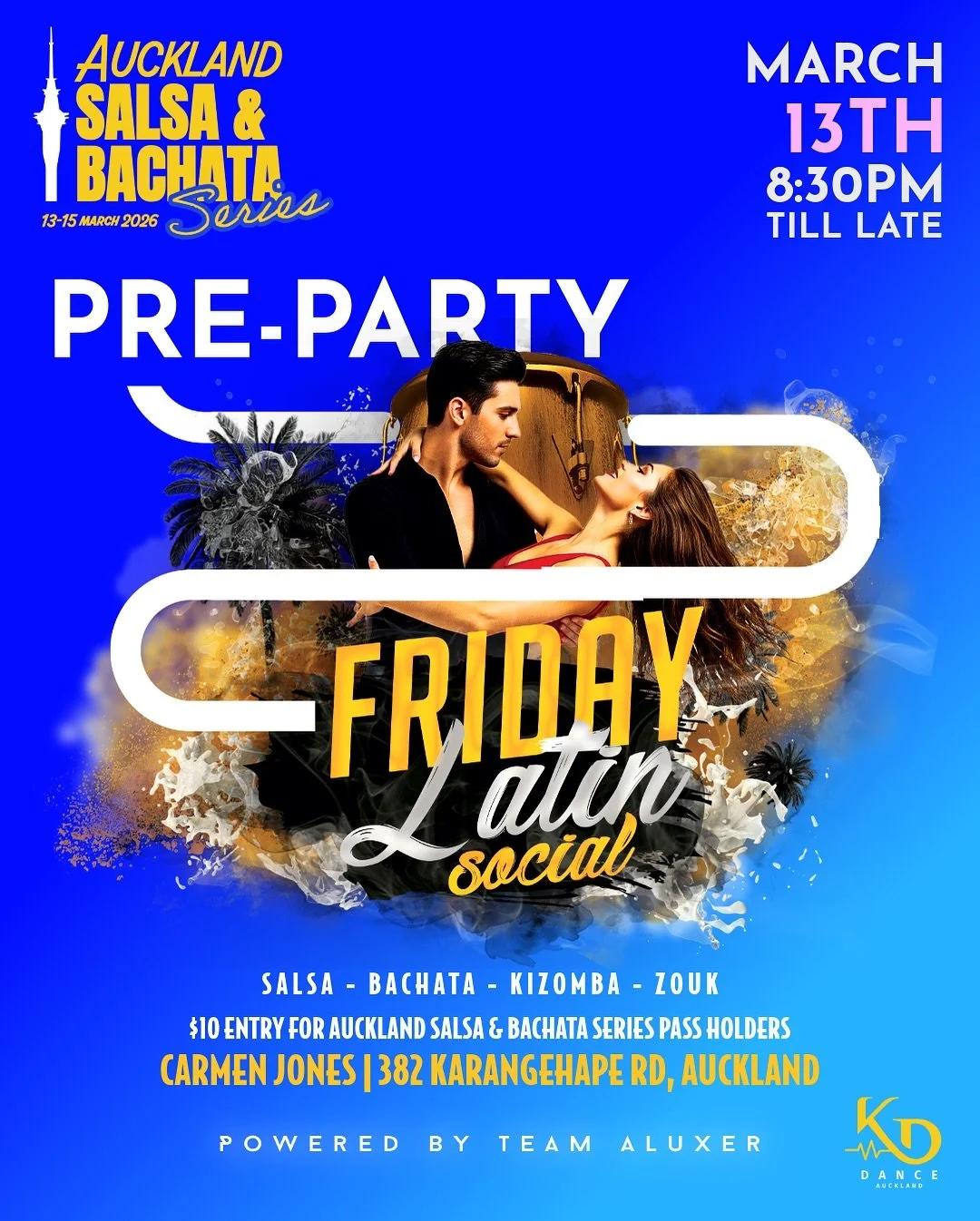 Auckland Salsa &amp; Bachata Series official PRE-PARTY ❤️&zwj;🔥

We&rsquo;ve teamed up with our friends @aluxernz to bring you our official pre-party. Warm up your dancing, catch up with friends and meet the artists on Friday night at Carmen Jones f
