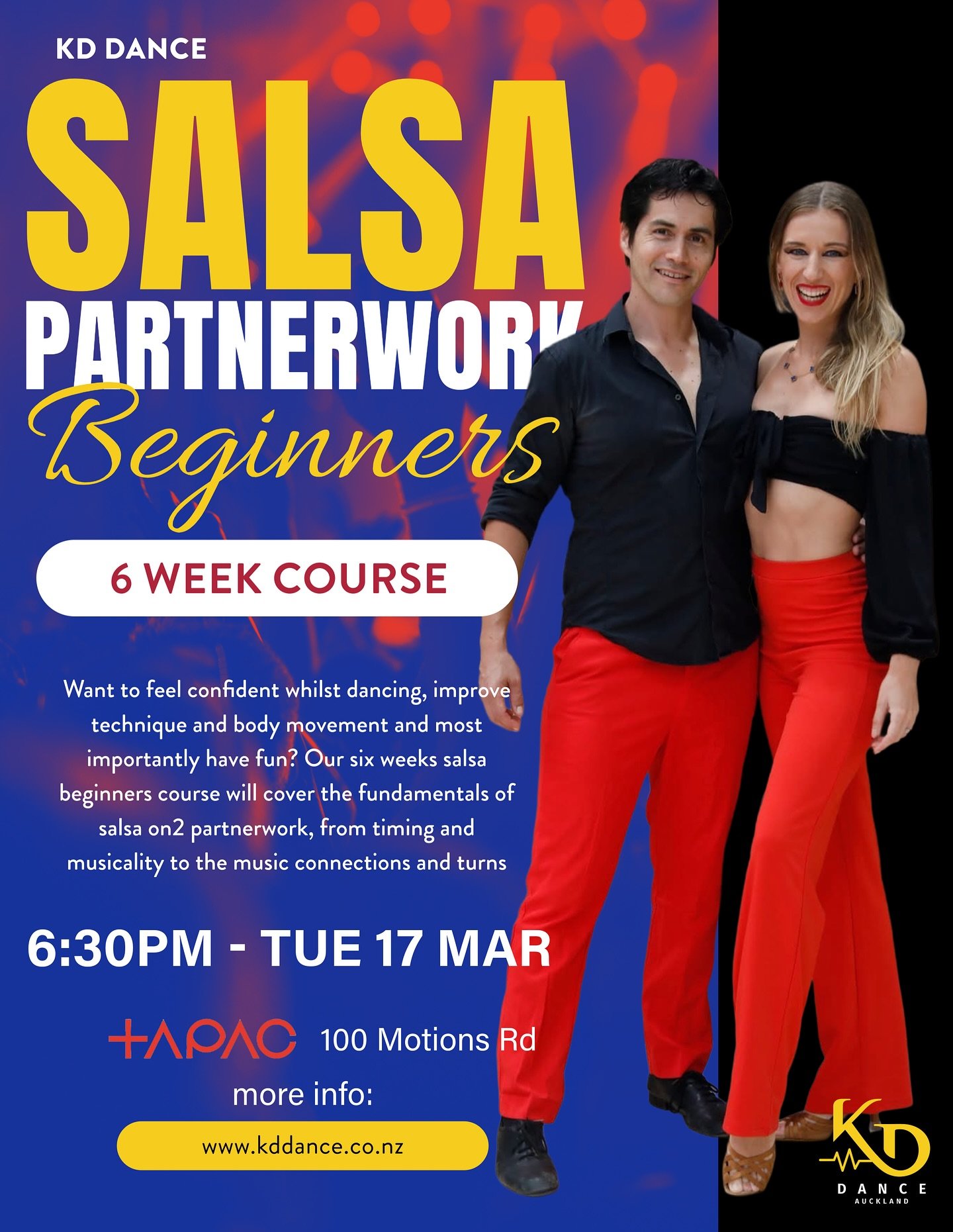 New six week SALSA courses 🌶️ Join us on Tuesday the 17th of March for our next term of salsa courses 💃

6:30pm Salsa Beginners
7:30pm  Salsa Improvers
8:30pm Salsa Improvers Plus

📍Where: TAPAC - 100 Motions Rd, Western Springs
🗓️ When: Tuesday 