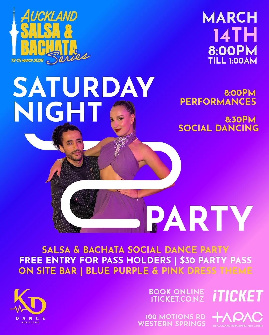 Just one week to go until the Auckland Salsa &amp; Bachata Series kicks off! 💙💜💕

We&rsquo;ve got parties lined up for Friday and Saturday night plus two full days of workshops over the weekend. 

Saturday night party 🪩
8pm - Bootcamp performance