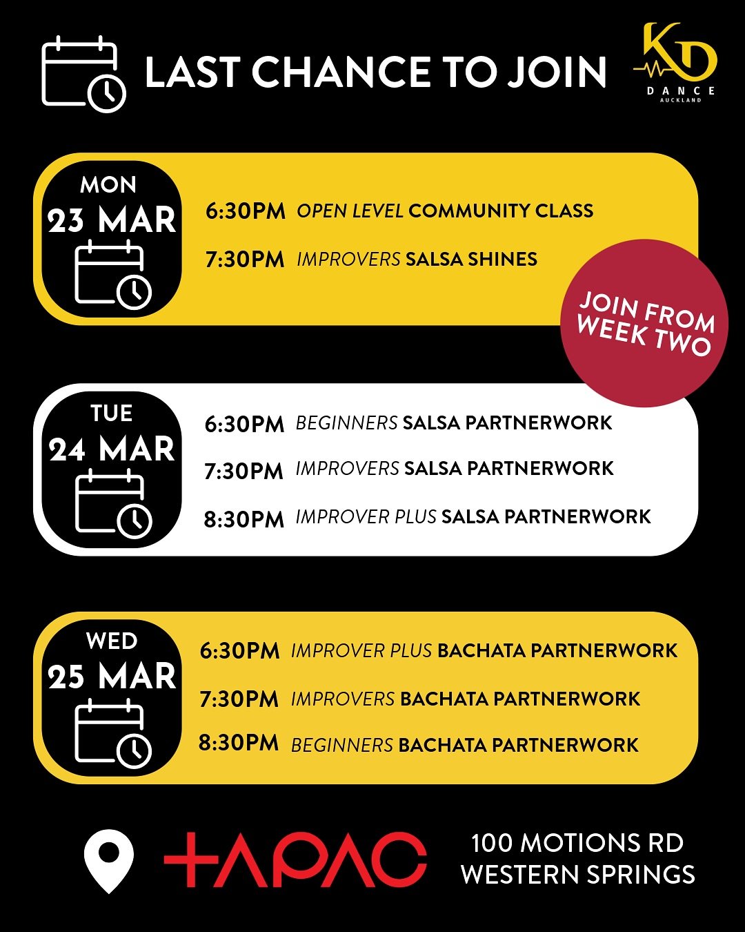 Last chance to join this term of salsa and bachata courses! Join from week two for the remaining five weeks of these courses 💃

🪩 Monday - 23/03
6:30pm Community class
7:30pm Salsa Shines - Improvers

🌶️ Tuesday - 24/03
6:30pm Salsa Partnerwork - 