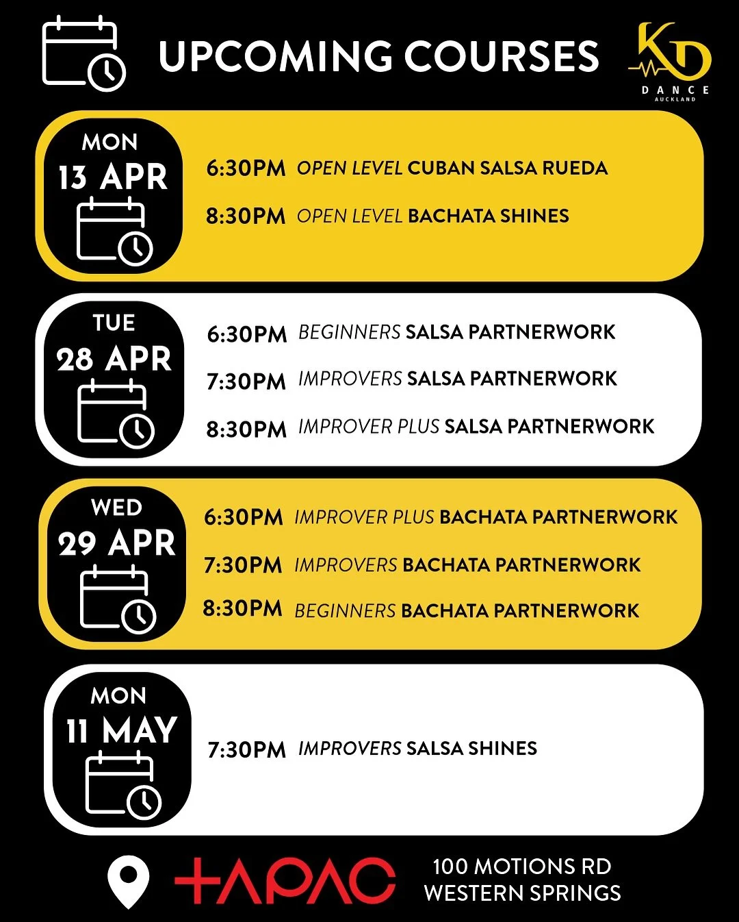 📣 UPCOMING COURSES 📣

6:30pm 13/04 - Introducing our first Cuban Salsa Rueda course 🇨🇺 This open level six week course will build on new rides moves each week and is guaranteed to be a lot of fun! 

7:30pm 13/04 - Bachata Shines w Katie returns! 