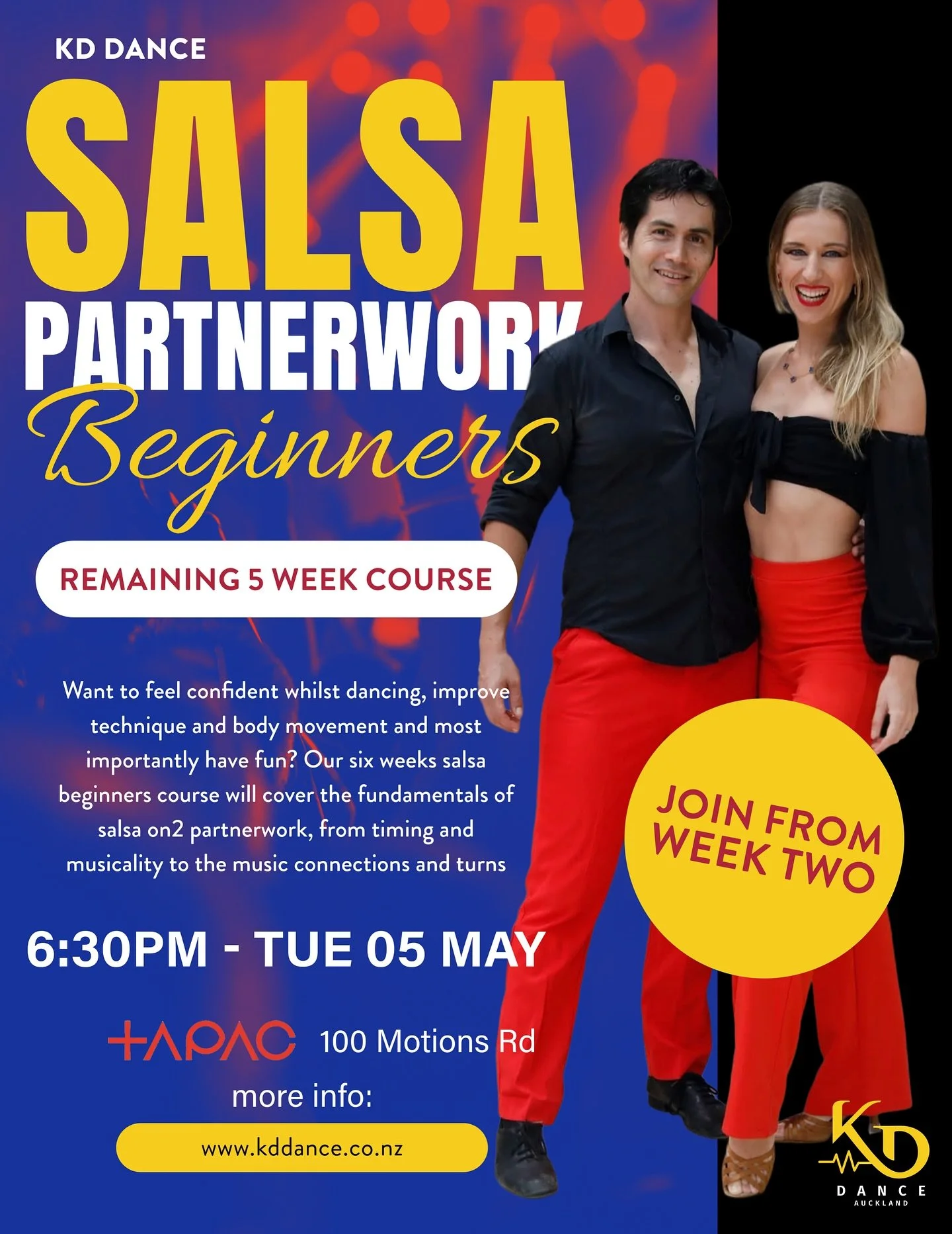 Last chance to join this term of salsa courses tonight! Join from week two for the remaining five weeks of these courses - vamos!

💃 6:30pm Beginners salsa
💃 7:30pm Improvers salsa
💃 8:30pm Improvers plus salsa

📍Where: TAPAC - 100 Motion Rd, Wes