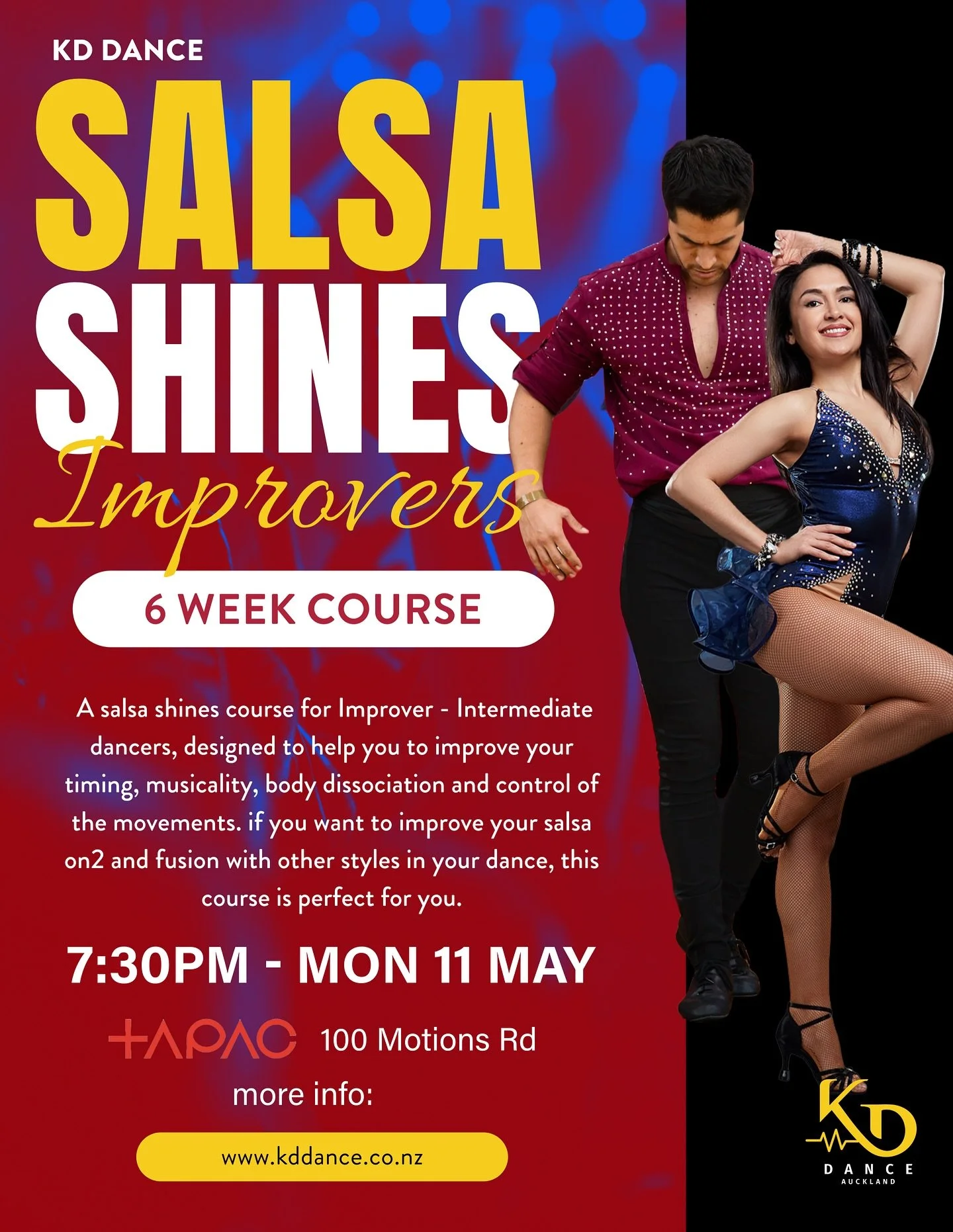 New six week improvers salsa shines course starts on Monday! 💃🕺 Brush up on your footwork, improve your body movement and get an understanding of salsa musicality.

⏰ 7:30pm
🗓️ Monday 11th of May
📍Where: TAPAC - 100 Motions Rd, Western Springs
📲