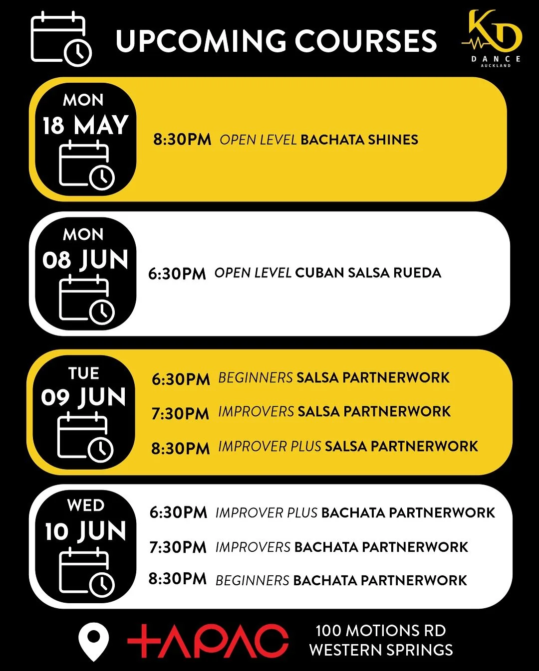 Upcoming courses &amp; weekly timetable 💃 

And just like that we are half way through our partnerwork courses, our 7:30pm improvers partnerwork courses are close to capacity so make sure you book in to avoid missing out! 

Bachata Shines is getting