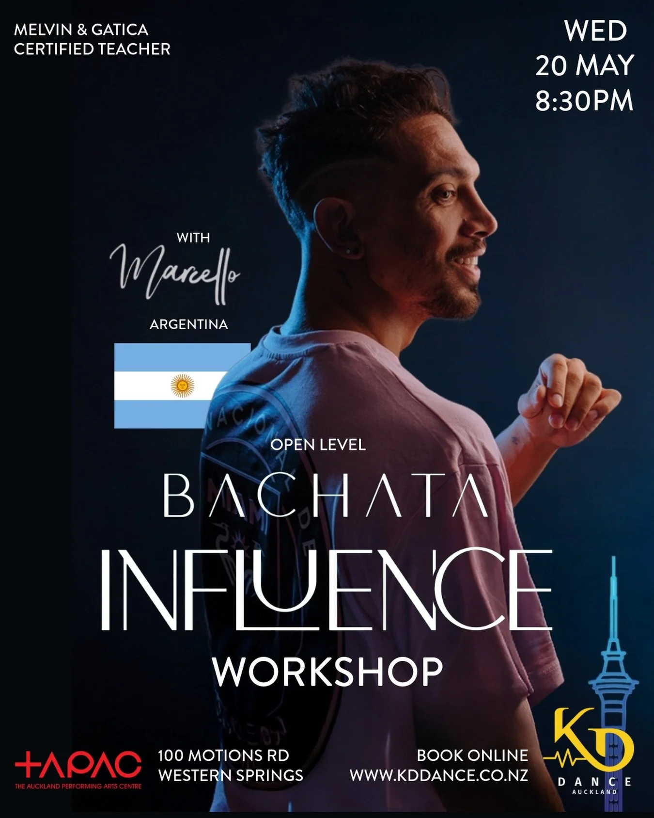 BACHATA INFLUENCE WORKSHOP with MARCELO CRAVIOTTO - Argentina

Come and learn Melvin &amp; Gatica style Bachata Influence from certified Influence instructor Marcelo Craviotto.

Bachata Influence is a highly expressive, emotion-driven style of dance 