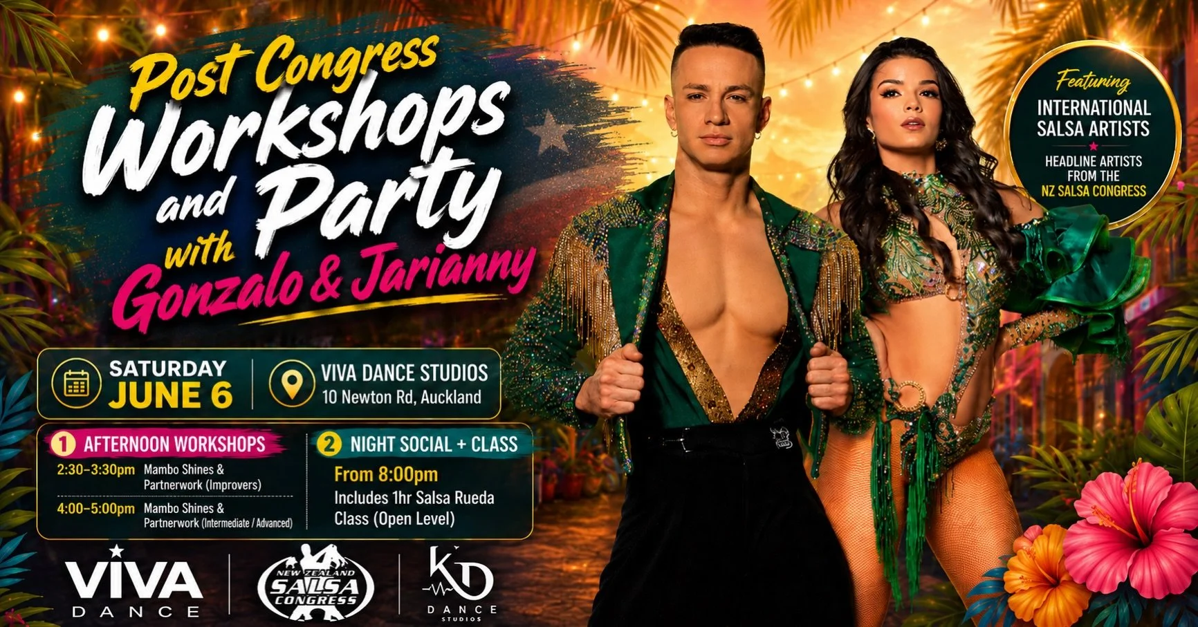 🔥 Post Congress Workshops and Party with Gonzalo &amp; Jarianny 

We&rsquo;ve teamed up with our friends at Viva to keep the NZ Salsa Congress energy alive with a special after-Congress salsa event!

We&rsquo;re excited to have international salsa a