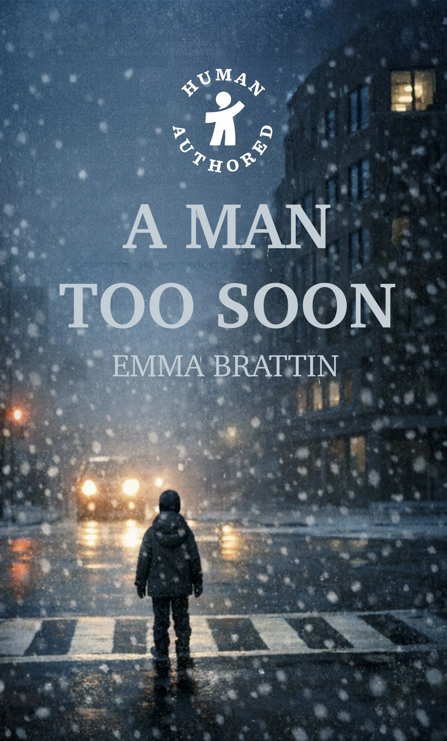 A Man Too Soon Book Cover showing a little kid crossing the street with cars coming towards him.