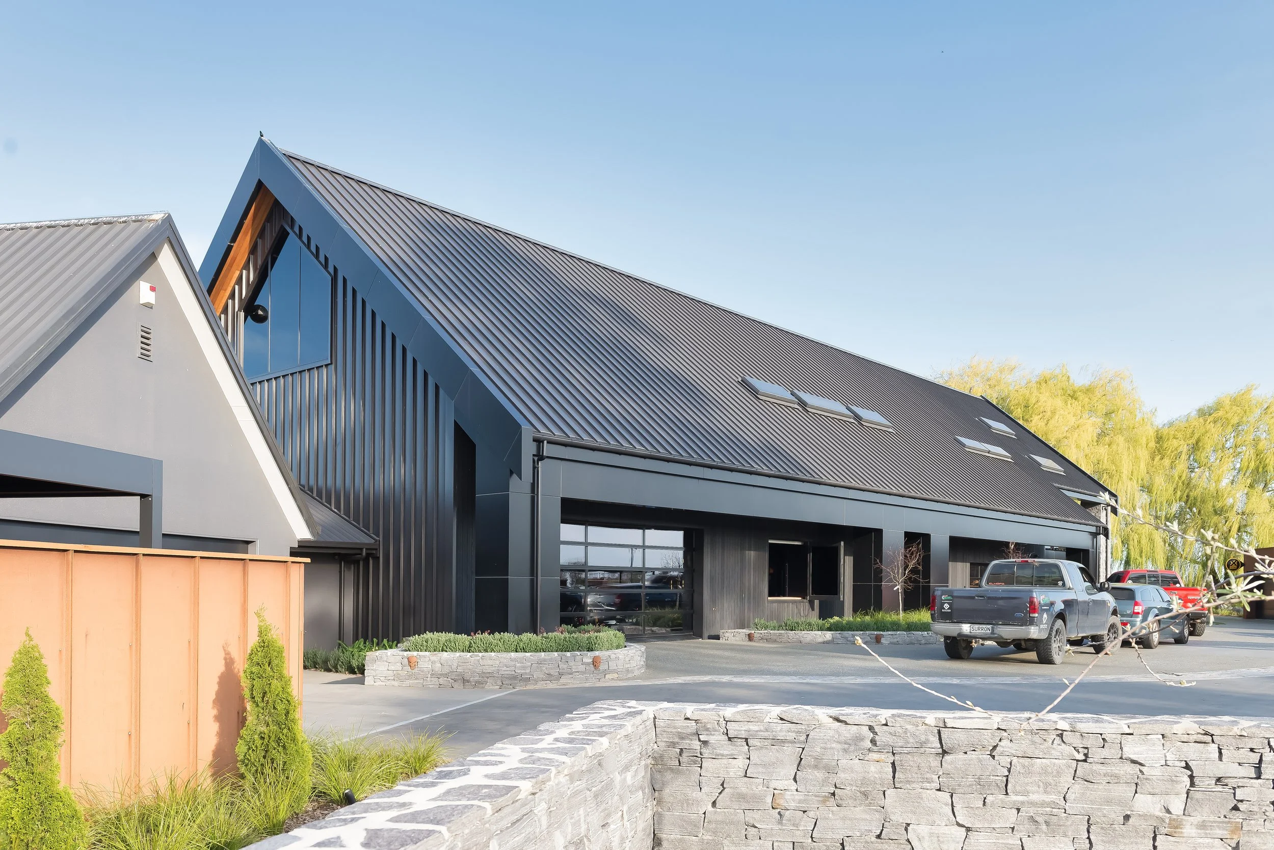 The Man Cave features, Charred Accoya Cladding, custom ACP pillars and panelling with Metalcraft Espan roofing and featuring Velux skylights.  Built in Lincoln, Canterbury.