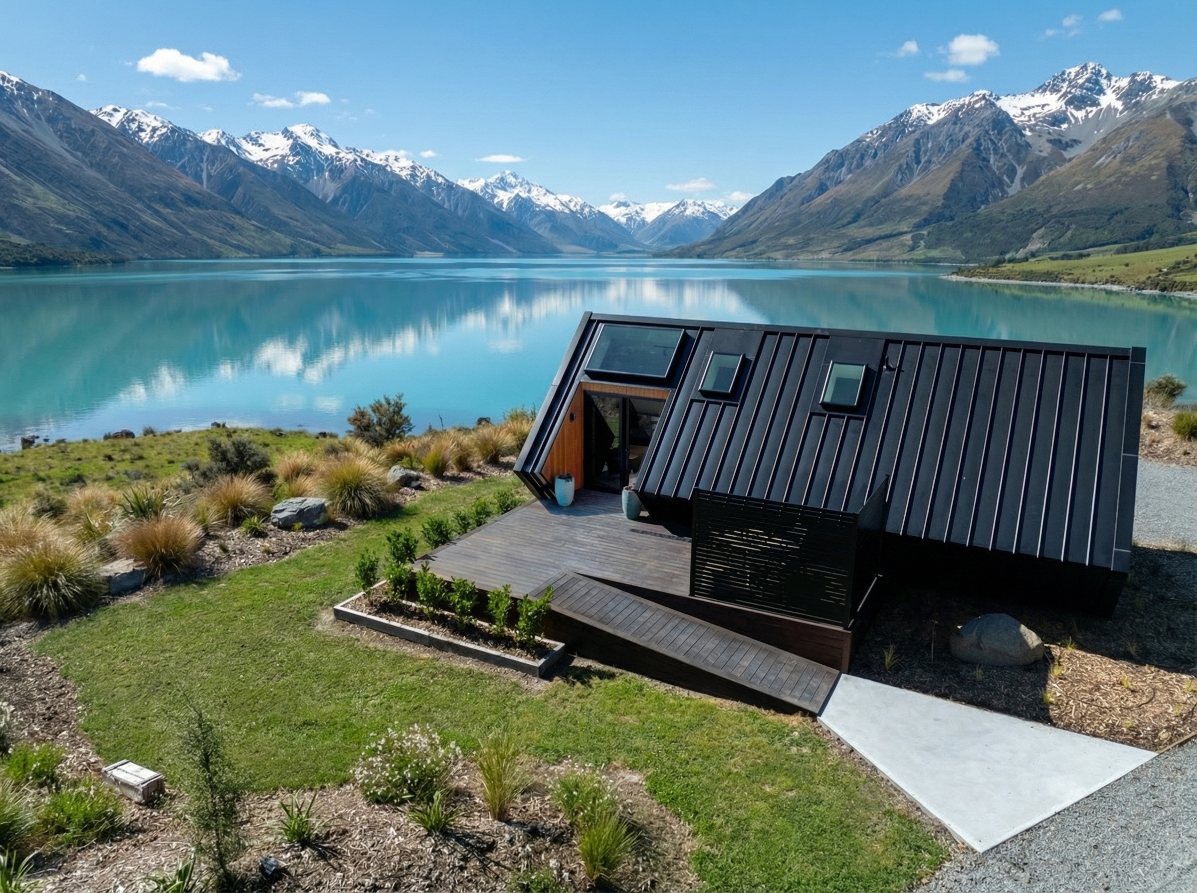 The Living Pod luxury cabin sits Airbnb ready at lakeside, Lake Pukaki, South Island, NZ