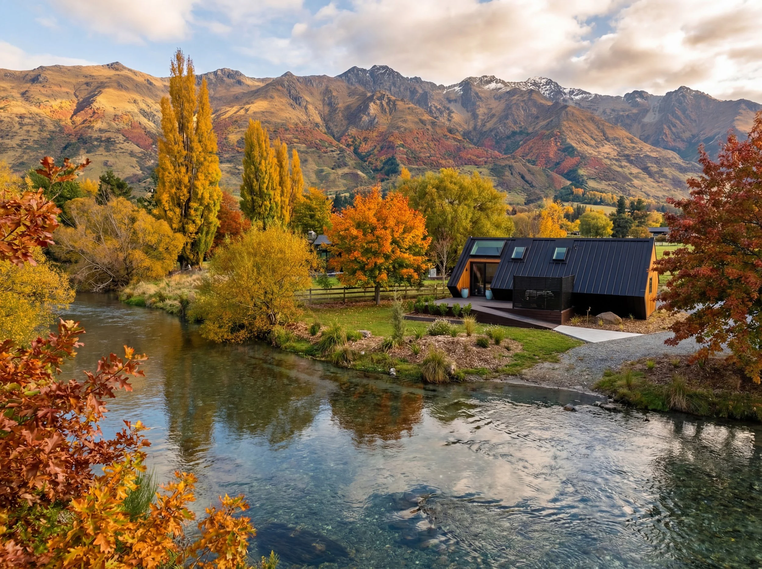A modern tiny house with a black metal roof and large windows sits on a grassy area surrounded by autumn trees with orange, yellow, and red leaves, near a river with a mountain range in the background.