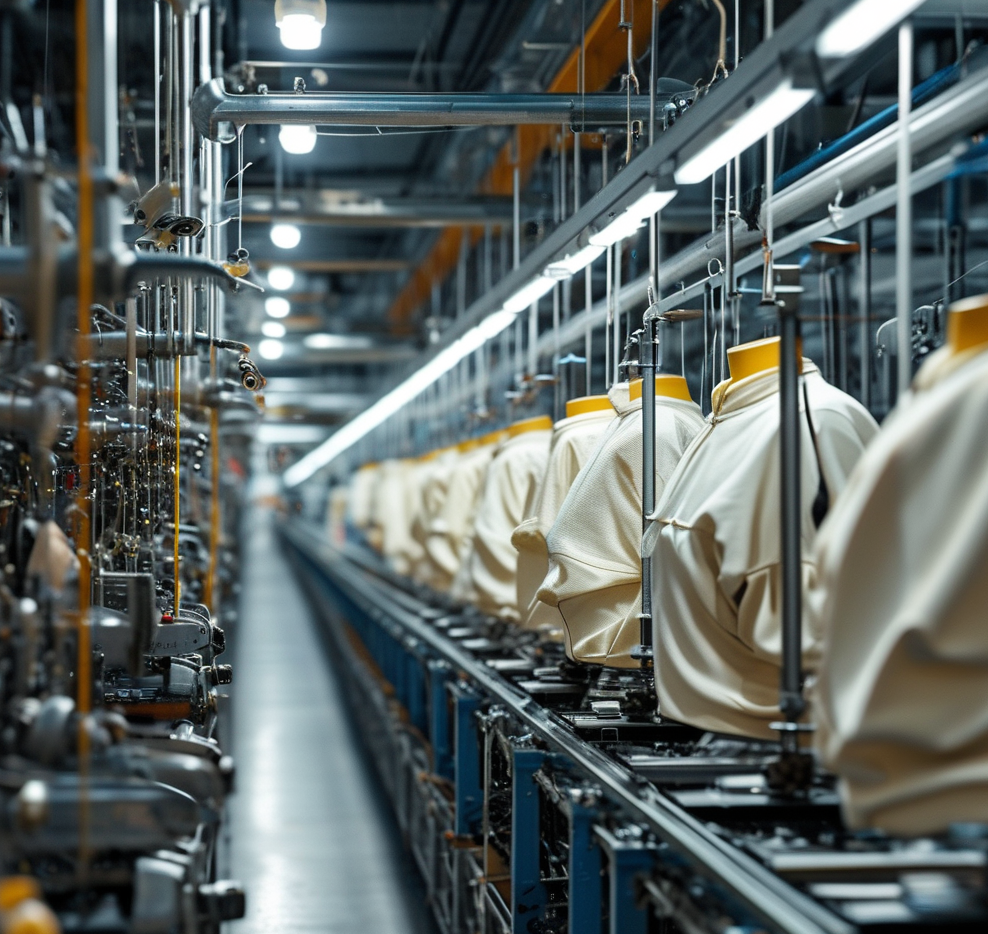 Textile factory with mannequins and machinery in assembly line.