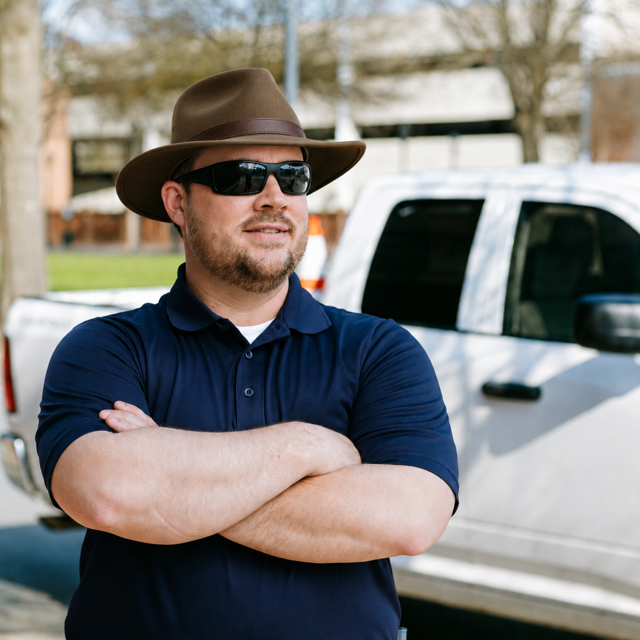 A man with a beard wearing sunglasses, a wide-brimmed hat, and a navy polo shirt, standing with arms crossed in front of a white pickup truck outdoors.