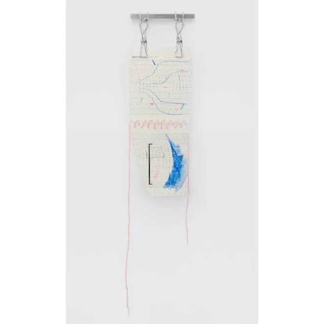 Luiza Crosman |
Propagação (da série Gráficos acumulam poeira,
2020-2024. Aquarela e materiais diversos sobre papel
gráfico, linha de lã, grampos de metal e barra de
alumínio, 14 x 63 cm.
R$ 9.598,50