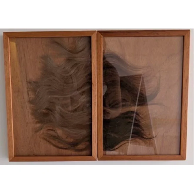 Tetta |
Linha de corte, 2014-2025.
Molduras de cedro e vidro com cabelo,
24 x 35 cm (cada), díptico.
R$ 8.532,00