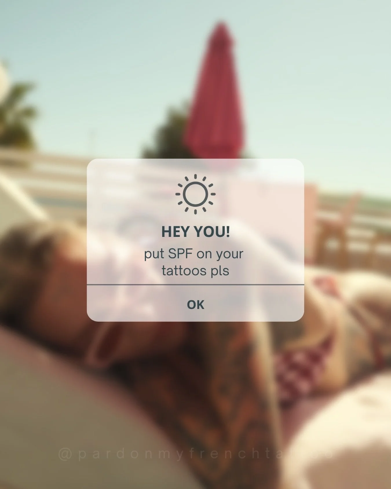 Say it with me:
WE 👏 CANNOT 👏 TATTOO 👏 SUNBURNT 👏 SKIN 👏

Protect your skin, protect your tattoos &amp; avoid the devastating &ldquo;hey sorry I got cooked alive this weekend&rdquo; cancellation DM

SPF up babes, your future tattoos will thank y