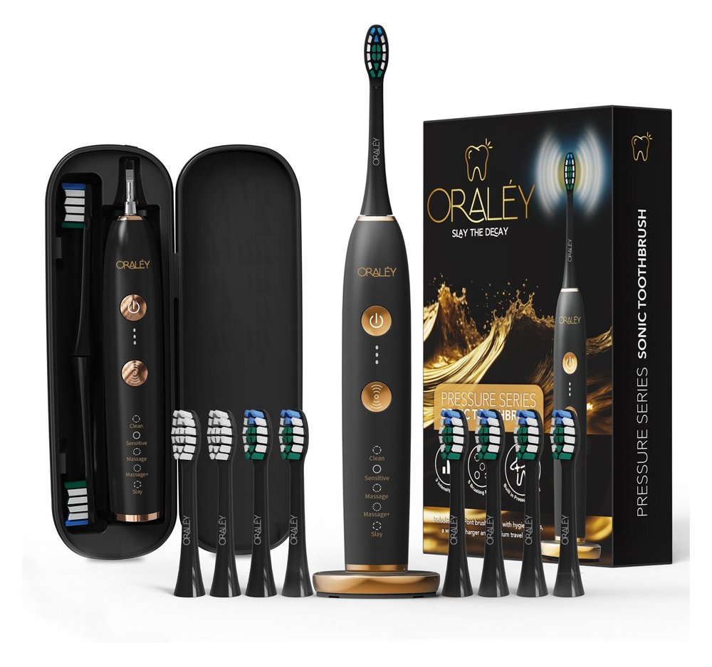 Oraléy Black and Rose Gold Pressure Series complete toothbrush kit