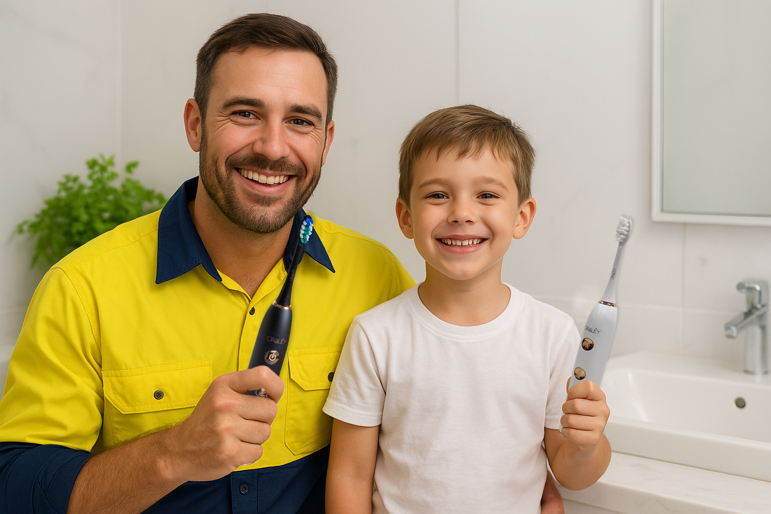 A father and son holding Oraley toothbrush