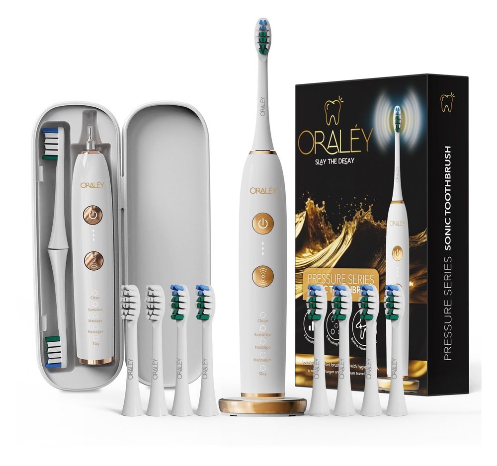 Oraléy White and Gold Pressure Series complete toothbrush kit
