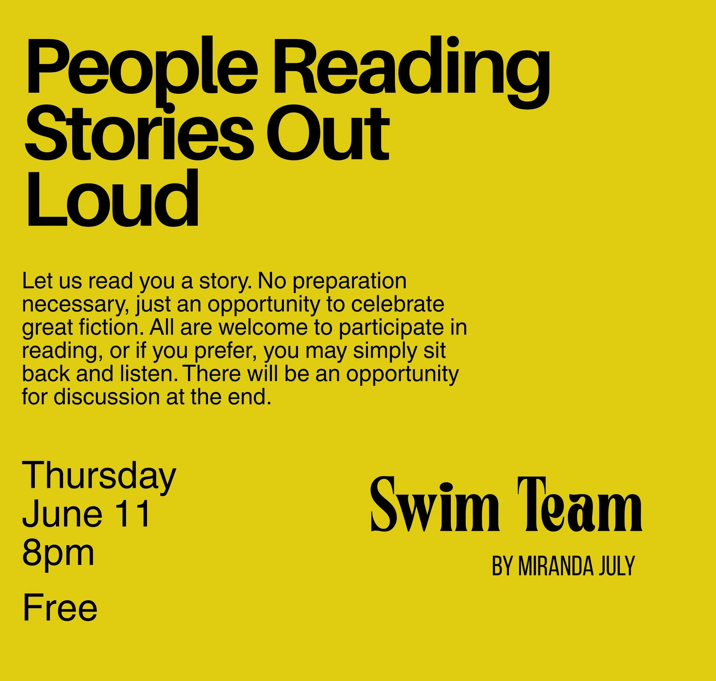 Join us tomorrow, Thursday June 11 at 8pm. Event is Free. We&rsquo;ll be reading Miranda July&rsquo;s brilliantly surreal story, Swim Team, as well as other stories from her collection No One Belongs Here More Than You. #shortstoryclub #collingswoodn