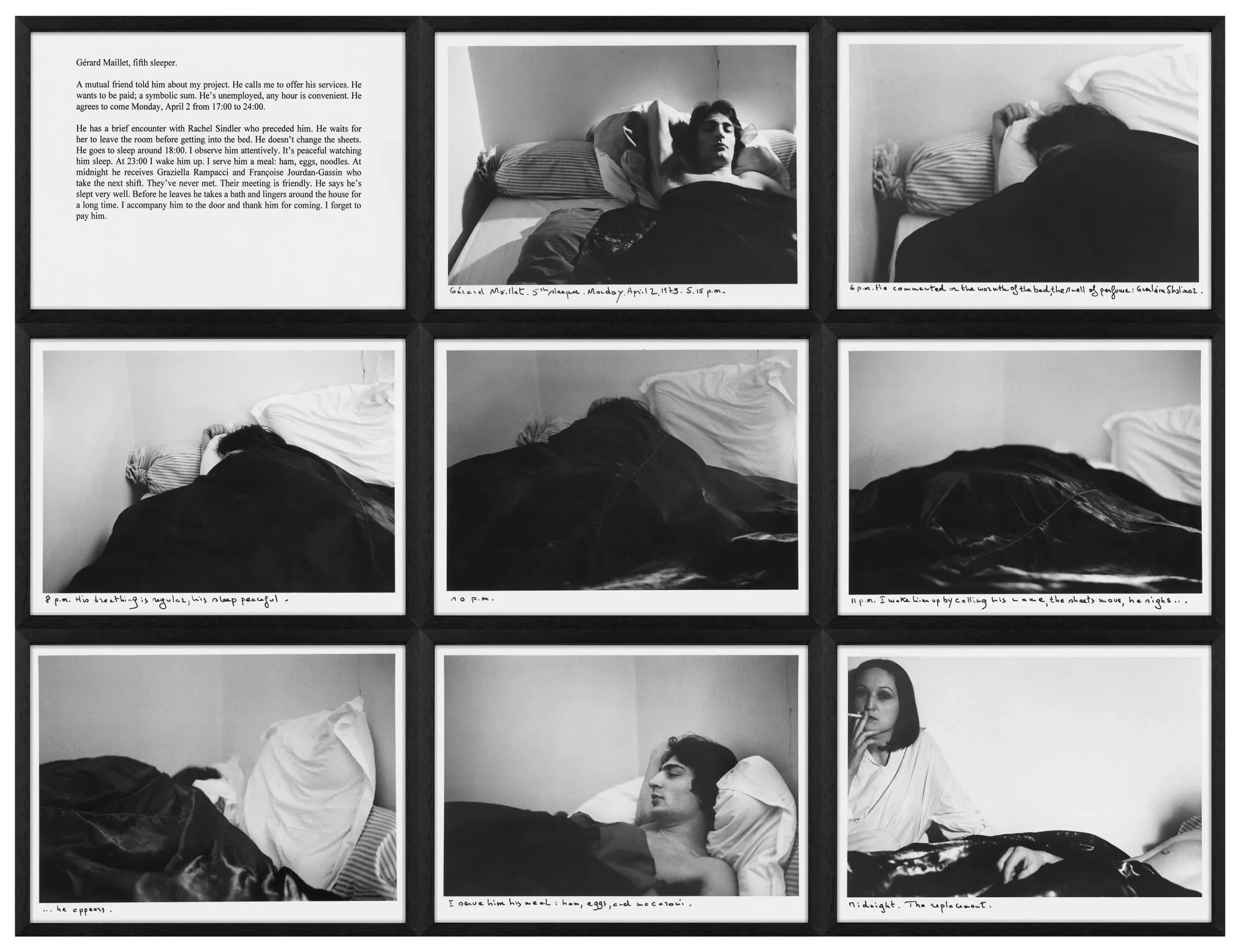 A collage of nine black-and-white photographs capturing different stages of a man and woman sleeping in bed, with handwritten captions describing the time and actions, including the man waking up, turning, and the woman smoking a cigarette.