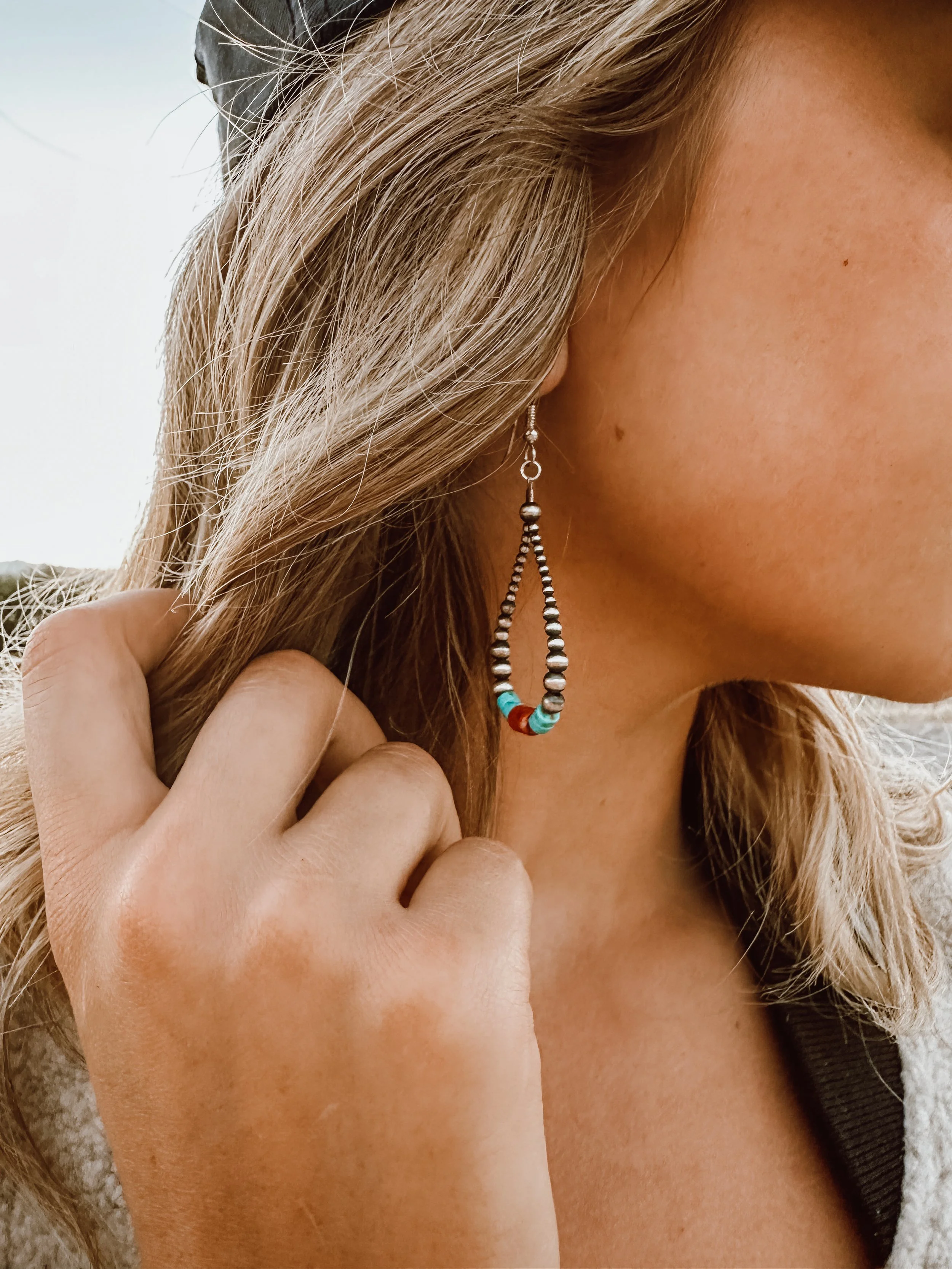 Turquoise, Coral & Pearl Teardrop Earrings